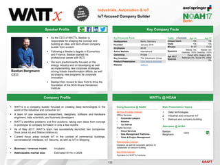 DRAFT
Speaker Profile
 As the CEO of WATTx, Bastian is
responsible for shaping the concept and
building an idea- and tech-driven company
builder from scratch
 Following a Master’s degree in Economics
and Finance, Bastian started his
professional career with BCG
 His work predominantly focused on the
energy industry and on developing as well
as implementing new corporate strategies,
driving holistic transformation efforts, as well
as shaping new programs for corporate
innovation
 Bastian then moved to New York to drive the
foundation of the BCG Bruce Henderson
Institute
Bastian Bergmann
CEO
Key Company Facts
132
Industrials, Automation & IoT
IoT-focused Company Builder
Company Profile WATTx @ NOAH
 WATTx is a company builder focused on creating deep technologies in the
world of the industrial and consumer IoT
 A team of user experience researchers, designers, software and hardware
engineers, data scientists, and business developers
 WATTx identifies problems and find solutions, taking own ideas from concept
to prototype to company formation in only a few months
 As of May 2017, WATTx team has successfully launched two companies:
Snuk (snuk.io) and Statice (statice.io)
 Current focus areas include IoT in the context of commercial buildings,
conversational interfaces, IoT Security, as well as IoT in Shipping
 Business / revenue model: Incubator
 Addressable market size: Estimated $11tn in 2025
Key Corporate Facts
Headquarters Berlin, Germany
Founded January 2016
Employees 26-50
Active Markets International
Ownership Private
Key Investors The Viessmann Group
Product Presentation Click here to download
Website wattx.io
Traffic Apr-16 Apr-17
Unique Users <5k <5k
Visits <5k <5k
Minutes 01:07 13:32
Sessions
Mobile: 0%
Desktop: 100%
Mobile: 0%
Desktop: 100%
Apr 2017
Sources
Direct 40%, Search 49%,
Referrals 4%, Social 7%, Other
0%
Doing Business @ NOAH
Service Provider Interest
Offline Services
• Corporate Lawyers
• Notaries
• Tax Advise
Digital Services
• Cloud Services
• Data Management Platforms
• Team & Project Management
Partnerships Interest
Investors as well as corporate partners to
collaborate on venture building
Key Hires Interest
Founders for WATTx Ventures
Main Presentation Topics
1. Deep technologies
2. Industrial and consumer IoT
3. Startups and company building
Attendees @ NOAH
Bastian
Bergmann
CEO
 