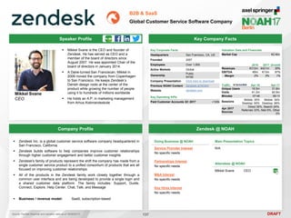 DRAFT
 Mikkel Svane is the CEO and founder of
Zendesk. He has served as CEO and a
member of the board of directors since
August 2007. He was appointed Chair of the
board of directors in January 2014.
 A Dane-turned-San Franciscan, Mikkel in
2009 moved the company from Copenhagen
to San Francisco. He keeps Zendesk’s
Danish design roots at the center of the
product while growing the number of people
using it to hundreds of millions worldwide
 He holds an A.P. in marketing management
from Arhus Kobmandsskole
Mikkel Svane
CEO
Key Company Facts
137
B2B & SaaS
Global Customer Service Software Company
Company Profile Zendesk @ NOAH
 Zendesk Inc. is a global customer service software company headquartered in
San Francisco, California
 Zendesk builds software to help companies improve customer relationships
through higher customer engagement and better customer insights
 Zendesk's family of products represent the shift the company has made from a
single customer service product to a unified consortium of products that are all
focused on improving customer relationships
 All of the products in the Zendesk family work closely together through a
common user interface and are being developed to provide a single login and
a shared customer data platform. The family includes: Support, Guide,
Connect, Explore, Help Center, Chat, Talk, and Message
 Business / revenue model: SaaS, subscription-based
Doing Business @ NOAH
Service Provider Interest
No specific needs
Partnerships Interest
No specific needs
M&A Interest
No specific needs
Key Hires Interest
No specific needs
Main Presentation Topics
N/A
Attendees @ NOAH
Mikkel Svane CEO
Key Corporate Facts
Headquarters San Francisco, CA, US
Founded 2007
Employees Over 1,000
Active Markets Global
Ownership
Public
NYSE
Company Presentation Click here to download
Previous NOAH Content Zendesk at NOAH
Website zendesk.com
2016 2017 Growth
Revenues €312m €421m 35%
EBITDA €6m €13m 97%
Margin 2% 3% 1%
Valuation Data and Financials
Market Cap €2.4bn
Traffic Apr-16 Apr-17
Unique Users 16.5m 31.8m
Visits 61.2m 62.9m
Minutes 07:48 08:13
Sessions
Mobile: 35%
Desktop: 65%
Mobile: 34%
Desktop: 66%
Apr 2017
Sources
Direct 35%, Search 24%,
Referrals 33%, Mail 6%, Other
2%
Key Operating KPIs
Paid Customer Accounts Q1 2017 +100k
Speaker Profile
Source: FactSet (financial and valuation data as of 16/05/2017)
 