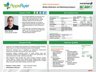DRAFT
Speaker Profile
▪ Oren founded AppsFlyer to solve one of the
major problems facing global marketers
today in the mobile apps market – mobile
campaign analytics and user attribution
▪ Before founding AppsFlyer, he worked at
Stage2 Ventures and held management and
engineering positions at Veraz, Avaya and
Intel
▪ Oren holds a BA in Computer Science, Cum
Laude, from the Technion, and an MBA from
IDC, as part of an exchange with the
Wharton Business School
Oren Kaniel
Co-Founder & CEO
Key Company Facts
14
B2B & SaaS Analytics
Mobile Attribution and Marketing Analytics
Company Profile AppsFlyer @ NOAH
▪ AppsFlyer is the leading mobile attribution and marketing analytics company,
whose mission is to make the marketing industry more measurable
▪ Data-driven marketers rely on AppsFlyer for independent measurement
solutions and innovative tools to grow their mobile business.
▪ AppsFlyer's platform processes billions of mobile actions every day,
empowering marketers and developers to improve their performance and
maximize the return on their marketing investments
▪ With integrated media partners and clients including Facebook, Google,
Twitter, Snap Inc., Tencent, HBO, Playtika, Waze, Alibaba, Kayak, Activision
and 12,000+ other leading brands and companies, AppsFlyer has 12 global
offices to support every mobile marketer around the world
▪ Business / revenue model: SaaS, subscription-based
▪ Addressable market size: $75bn (US only)
Main Presentation
Topics
N/A
Attendees @
NOAH
Oren
Kaniel
Co-Founder
& CEO
Doing Business @ NOAH
Service Provider Interest
Ecommerce Services
• Channel Management
• Mobile Commerce
Solutions
• Platforms
Marketing Services
• Asset & Resource
Management
• Conversion Improvement
• Mobile App Distribution
• Mobile Marketing
• Performance & Attribution
• Performance Marketing
Analytics
• Advertising Analytics
• Audience & Market Data
• Audience Measurement
• Customer Analytics
• Dashboards & Visualisation
• Digital Analytics
• Mobile Analytics
Digital Services
• Databases & Big Data
• Fraud Prevention
Traffic Apr-16 Apr-17
Unique Users 318k 8.2m
Visits 7.8m 15.8m
Minutes 02:01 02:44
Sessions
Mobile: 87%
Desktop: 13%
Mobile: 91%
Desktop: 9%
Apr 2017
Sources
Direct 47%, Search 16%,
Referrals 29%, Mail 5%, Other
3%
Key Corporate Facts
Headquarters Herzliya, Israel
Founded 2011
Funding €76.5m
Employees 100-1,000
Active Markets Global
Ownership Private - VCs
Key Investors
Qumra Capital, Eight
Roads Ventures, Pitango
Venture Capital, Goldman
Sachs
Key Operating KPIs
Media spend measured $6 billion / year
Integrated media partners 2,500
Number of customers 12,000
 