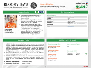 DRAFT
 Franziska von Hardenberg is Founder of
BLOOMY DAYS and serves as its Chief
Executive Officer
 She studied Marketing and Communication
Sciences in Berlin and earned her Master's
degree in the US and in Hungary
 In 2017, she co-hosted the "Salon Privé",
where she invited Germany's leading digital
entrepreneurs to a private chat with the
Federal Chancellor, Dr. Angela Merkel
 Hardenberg is also a member of the Advisory
Board of the STARTUP TEENS initiative,
which is committed to the promotion of
entrepreneurship among young people
Franziska v.
Hardenberg
Founder & CEO
Key Company Facts
29
Luxury & Fashion
Fresh Cut Flower Delivery Service
Company Profile BLOOMY DAYS @ NOAH
 BLOOMY DAYS is the world's first flower delivery company not only offering
individual orders but also a flower subscriptions, with headquarters in Germany
 BLOOMY DAYS currently delivers 20.000 packages of fresh flower bouquets
every week to businesses and private individuals. Customers can select the
frequency of the delivery (e.g. weekly, bi-monthly, monthly), where BLOOMY
DAYS guarantees that flowers are up to 5 days fresher than a local shop
 The company hand crops and prepares ready to use bouquets of flowers
which are carefully selected from the market
 BLOOMY DAYS business model allows the company to avoid any inventory
costs, waste & returns, with the advantage of arbitraging seasonal flower
prices. BLOOMY DAYS generates high margins within a strong retention
model
 Business / revenue model: Subscription-based
 Addressable market size: €52bn in Europe
Doing Business @ NOAH
Service Provider Interest
No specific needs
Partnerships Interest
No specific needs
Investor Interest
No specific needs
Key Hires Interest
No specific needs
Main Presentation Topics
N/A
Attendees @ NOAH
Franziska v.
Hardenberg
Founder
& CEO
Speaker Profile
Key Corporate Facts
Headquarters Berlin, Germany
Founded 2012
Employees 200
Active Markets Germany / Austria
Ownership Private – VCs
Key Investors
OTTO Capital, Atlantic Internet, Intan Media
Services
Website bloomydays.com
 