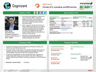 DRAFT
 Euan Davis leads Cognizant’s Center for the
Future of Work in EMEA. A respected
speaker and thinker, Euan has guided many
Fortune 500 companies into the future of
work with his thought-provoking research
and advisory skills
 Within Cognizant’s Center for the Future of
Work, he helps ensure that the unit’s original
research and analysis jibes with emerging
busi-ness-technology trends and dynamics
in Europe, and collaborates with a wide
range of leading thinkers to understand how
the future of work will look
 Previously, Euan held senior analyst,
advisory and leadership positions at
Forrester Research, IDC and CEB
Euan Davis
Associate Vice-
President Cognizant’s
Center for the Future of
Work, EMEA
Key Company Facts
38
B2B & SaaS
Provider of IT, consulting, and BPO services
Company Profile Cognizant @ NOAH
 Cognizant is a leading provider of information technology, consulting, and
business process outsourcing services
 Cognizant's single-minded passion is to dedicate their global technology and
innovation know-how, their industry expertise and worldwide resources to
working together with clients to make their businesses stronger
 A member of the NASDAQ-100 Index and S&P 500 Index, Cognizant is a
Forbes Global 2000 company and a member of the Fortune 1000 and is
ranked among the top information technology companies in Top 50 Performers
listings
 Business / revenue model: Consulting
Doing Business @ NOAH
Service Provider Interest
No specific needs
Partnerships Interest
No specific needs
M&A Interest
No specific needs
Key Hires Interest
No specific needs
Main Presentation Topics
N/A
Attendees @ NOAH
Euan Davis
Associate Vice-
President Cognizant’s
Center for the Future
of Work, EMEA
Key Corporate Facts
Headquarters Teaneck, NJ, US
Founded 1994
Employees Over 1,000
Active Markets Global
Ownership
Public
NASDAQ
Company Presentation Click here to download
Previous NOAH Content Cognizant at NOAH
Website cognizant.com
2016 2017 Growth
Revenues €13.5bn €14.7bn 9%
EBITDA €2.6bn €2.9bn 9%
Margin 20% 20% -
EV/EBITDA 13.6x 12.5x (8%)
P/E 25.2x 19.5x (23%)
Valuation Data and Financials
Market Cap €35.7bn
Source: FactSet (financial and valuation data as of 16/05/2017)
Speaker Profile
Key Operating KPIs
Global Delivery Centers 50
 