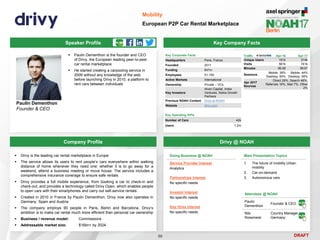 DRAFT
Speaker Profile
 Paulin Dementhon is the founder and CEO
of Drivy, the European leading peer-to-peer
car rental marketplace
 He started creating a carpooling service in
2009 without any knowledge of the web
before launching Drivy in 2010, a platform to
rent cars between individuals
Paulin Dementhon
Founder & CEO
Key Company Facts
50
Mobility
European P2P Car Rental Marketplace
Company Profile Drivy @ NOAH
 Drivy is the leading car rental marketplace in Europe
 The service allows its users to rent people’s cars everywhere within walking
distance of home whenever they need one: whether it is to go away for a
weekend, attend a business meeting or move house. The service includes a
comprehensive insurance coverage to ensure safe rentals
 Drivy provides a full mobile experience, from booking a car to check-in and
check-out, and provides a technology called Drivy Open, which enables people
to open cars with their smartphones and carry out self-service rentals.
 Created in 2010 in France by Paulin Dementhon, Drivy now also operates in
Germany, Spain and Austria
 The company employs 90 people in Paris, Berlin and Barcelona. Drivy’s
ambition is to make car rental much more efficient than personal car ownership
 Business / revenue model: Commissions
 Addressable market size: $16bn+ by 2024
Key Corporate Facts
Headquarters Paris, France
Founded 2011
Funding €47m
Employees 51-100
Active Markets International
Ownership Private – VCs
Key Investors
Alven Capital, Index
Ventures, Nokia Growth
Partners
Previous NOAH Content Drivy at NOAH
Website drivy.com
Main Presentation Topics
1. The future of mobility Urban
mobility
2. Car-on-demand
3. Autonomous cars
Doing Business @ NOAH
Service Provider Interest
Analytics
Partnerships Interest
No specific needs
Investor Interest
No specific needs
Key Hires Interest
No specific needs
Attendees @ NOAH
Paulin
Dementhon
Founder & CEO
Nils
Rossmeisl
Country Manager
Germany
Key Operating KPIs
Number of Cars 42k
Users 1.2m
Traffic Apr-16 Apr-17
Unique Users 161k 314k
Visits 561k 741k
Minutes 06:26 06:07
Sessions
Mobile: 36%
Desktop: 64%
Mobile: 44%
Desktop: 56%
Apr 2017
Sources
Direct 29%, Search 46%,
Referrals 16%, Mail 7%, Other
2%
 
