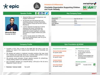 DRAFT
Speaker Profile
 Alexandre Mars is a serial entrepreneur and
engaged philanthropist
 He launched and sold several tech and
advertising startups including Phonevalley,
(sold to Publicis Group) and ScrOOn (sold to
Blackberry)
 In 2014, Alexandre founded Epic to lift the
obstacles that prevent individuals and
corporations from donating more. Epic
applies its innovative approach, processes
and solutions to support children and youth
globally
 In 2015, he was named one of New York
City’s top 20 philanthropists under 40 by the
New York Observer
Alexandre Mars
Founder & CEO
Key Company Facts
51
Investors & Influencers
Charitable Organization Supporting Children
and Youth Globally
Company Profile Epic Foundation @ NOAH
 Founded in 2014, Epic is driven by the belief that new ways to give can
address the needs of the ongoing social disruption led by individuals and
businesses
 We develop and partner to implement innovative solutions that raise funds
from individual and corporate donors for a carefully vetted portfolio of social
organizations that tackle youth and children issues globally
 We promote social innovation through selected solutions for philanthropy,
industry-leading research and relentless advocacy
 Epic Foundation operates as a nonprofit startup, a 501(c)(3) in the US and a
Registered Charity in the UK
 Business / revenue model: Non-profit
Main Presentation Topics
1. Philanthropy and giving
2. A new socially conscious
generation
3. Authentic social strategies that
businesses and entrepreneurs
can incorporate
Doing Business @ NOAH
Service Provider Interest
No specific needs
Partnerships Interest
No specific needs
Investor Interest
No specific needs
Key Hires Interest
No specific needs
Attendees @ NOAH
Alexandre
Mars
Founder & CEO
Key Corporate Facts
Headquarters New York, NY, US
Founded 2014
Employees 26-50
Active Markets Global
Website epic.foundation
 