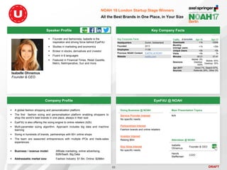 DRAFT
 Founder and fashionista, Isabelle is the
inspiration and driving force behind EyeFitU
 Studies in marketing and economics
 Broker in stocks, derivatives and investor
 Fluent in 6 languages
 Featured in Financial Times, Retail Gazette,
Metro, NetImperative, Sun and more.
Isabelle Ohnemus
Founder & CEO
Key Company Facts
53
NOAH 16 London Startup Stage Winners
All the Best Brands in One Place, in Your Size
Company Profile EyeFitU @ NOAH
 A global fashion shopping and personalization platform
 The first fashion sizing and personalisation platform enabling shoppers to
shop the world’s best brands in one place, always in their size
 EyeFitU is also offering the sizing engine to online retailers (b2b)
 Multi-parameter sizing algorithm. Approach includes big data and machine
learning
 Sizing in hundreds of brands, partnerships with 60+ online shops
 The team are seasoned entrepreneurs with multiple IPOs and trade-sales
experiences
 Business / revenue model: Affiliate marketing, online advertising,
B2B/SaaS, Big Data
 Addressable market size: Fashion Industry: $1.5tn, Online: $286bn
Key Corporate Facts
Headquarters Zurich, Switzerland
Founded 2013
Employees 11-50
Previous NOAH Content EyeFitU at NOAH
Website eyefitu.com
Traffic Apr-16 Apr-17
Downloads <1k <200k
Monthly
average users
<1k <35k
Unique Users <5k <5k
Visits <5k 7k
Minutes 00:21 01:41
Sessions
Mobile: 0%
Desktop:
100%
Mobile: 65%
Desktop: 35%
Apr 2017
Sources
Direct 7%, Search 67%,
Referrals 26%, Other 0%
Main Presentation Topics
N/A
Doing Business @ NOAH
Service Provider Interest
No specific needs
Partnerships Interest
Fashion brands and online retailers
Investor Interest
Raising $5m
Key Hires Interest
No specific needs
Attendees @ NOAH
Isabelle
Ohnemus
Founder & CEO
Henrik
Steffensen
COO
Speaker Profile
 