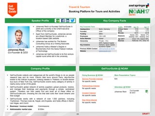 DRAFT
 Johannes Reck co-founded GetYourGuide in
2009 and currently is the Chief Executive
Officer of the company
 Apart from GetYourGuide, Johannes serves
as a Board Member for LocalUncle, a
location-based Q&A website
 Johannes has worked for The Boston
Consulting Group as a Visiting Associate.
 Johannes holds a Master’s Degree in
Biochemistry from the Swiss Federal Institute
of Technology
 Johannes led GetYourGuide to its first venture
capital round while still in the university
Johannes Reck
Co-Founder & CEO
Key Company Facts
65
Travel & Tourism
Booking Platform for Tours and Activities
Company Profile GetYourGuide @ NOAH
 GetYourGuide collects and categorizes all the world's things to do so people
research less and do more. Electric bike tours around Paris, skip-the-line
tickets to the Vatican museums, cooking classes in Thailand, or double-decker
bus tours of New York City, GetYourGuide covers every category of activity in
nearly every corner of the globe
 GetYourGuide's global network of activity suppliers upload products, receive,
and manage their bookings and payments through a simple, centralized
system. Travelers can then easily find and book all of these offers on
GetYourGuide.com, choosing the one that best suits their travel dreams and
their budget
 GetYourGuide works with a network of over 1,000 partners, including
TripAdvisor, Thomas Cook.de, Kayak, and Expedia, and holds offices in Berlin,
Las Vegas, and Zurich
 Business / revenue model: Commissions
 Addressable market size: $100bn
Doing Business @ NOAH
Service Provider Interest
No specific needs
Partnerships Interest
No specific needs
Investor Interest
No specific needs
Key Hires Interest
No specific needs
Main Presentation Topics
N/A
Attendees @ NOAH
Johannes Reck
Co-Founder
& CEO
Key Corporate Facts
Headquarters Berlin, Germany
Founded 2009
Funding $96m
Employees 100-1,000
Active Markets Global
Ownership Private – VCs
Key Investors
KKR, Highland Capital
Partners, Spark Capital,
Sunstone Capital
Previous NOAH Content GetYourGuide at NOAH
Website getyourguide.com
Traffic Apr-16 Apr-17
Unique Users 510k 1.9m
Visits 1.6m 3.7m
Minutes 02:51 02:35
Sessions
Mobile: 46%
Desktop: 54%
Mobile: 47%
Desktop: 53%
Apr 2017
Sources
Direct 13%, Search 69%,
Referrals 14%, Other 4%
Speaker Profile
 