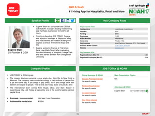 DRAFT
 Eugene Mizin is a co-founder and CEO at
JOB TODAY, Europe's leading mobile hiring
app that helps businesses find staff in 24
hours
 Prior to co-founding JOB TODAY, Eugene
was a product manager at Skype and eBay,
and most recently an investor at Mangrove
Capital, a venture firm behind Skype and
Wix
 Eugene worked in finance at First Union
Bank (now Wells Fargo) after graduating
from the University of Maryland College Park
and later earned an MBA from Georgetown
University
Eugene Mizin
Co-Founder & CEO
Key Company Facts
70
B2B & SaaS
#1 Hiring App for Hospitality, Retail and More
Company Profile JOB TODAY @ NOAH
 JOB TODAY is #1 hiring app
 The mission touches everyone, every single day, from Rio to New York to
Moscow. The company uses mobile technology to help millions of people find
a job the same day. A job brings a pay check, but it also brings back self-
esteem and dignity to people. This is what Job Today does, one job at a time
 The international team comes from Skype, eBay, and Bain. Based in
Luxembourg City, Job Today is backed by one of the world’s leading venture
capital firms
 Business / revenue model: List fees / Lead Generation
 Addressable market size: €100m
Speaker Profile
Key Corporate Facts
Headquarters Luxembourg, Luxembourg
Founded 2015
Funding $65m
Employees 11-50
Active Markets International
Ownership Private – VCs
Key Investors Accel Partners, Mangrove, RTL, Flint Capital
Previous NOAH Content JOB TODAY at NOAH
Website jobtoday.com
Doing Business @ NOAH
Service Provider Interest
No specific needs
Partnerships Interest
No specific needs
Investor Interest
No specific needs
Key Hires Interest
No specific needs
Main Presentation Topics
N/A
Attendees @ NOAH
Eugene Mizin Co-Founder & CEO
Key Operating KPIs
Registered Users (Mar-17) 2.5m
Registered Employers (Mar-17) 200k
 