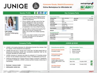 DRAFT
Speaker Profile
 JUNIQE Co-Founder and Managing Director
Lea Lange leads Art Buying, Merchandising,
Content and Branding
 Prior to JUNIQE, she was a part of the Fab
Europe Management Team as Executive
Director of Strategy and Analytics, before
building up the Merchandising Department
at Casacanda in her role as Head of Buying
 Lea has a BSc in Finance & Accounting from
LMU Munich and the University of St.
Gallen, and an MSc from ESADE Business
School
 In 2016, Lea Lange is named on the Forbes
30 Under 30 Europe list, for the sector E-
Commerce & Retail
Lea Lange
Founder & Managing
Director
Key Company Facts
71
Consumer Goods, Retail & Ecommerce
Online Marketplace for Affordable Art
Company Profile JUNIQE @ NOAH
Main Presentation Topics
1. Business Model
2. Market Overview
3. Future Growth
Doing Business @ NOAH
Service Provider Interest
No specific needs
Partnerships Interest
No specific needs
Investor Interest
Growth stage investment
opportunities (Series C and
beyond)
Key Hires Interest
No specific needs
Attendees @ NOAH
Marc Pohl Founder & MD
Lea Lange Founder & MD
 JUNIQE is the leading destination for affordable art across four verticals: Wall
Art, Fashion, Home Accessories and Stationery
 JUNIQE first went live in January 2014. Since then, the Berlin-based start up
experienced tremendous growth and successfully established itself as the
European affordable art market leader
 JUNIQE produces on demand and ships its products to 13 countries across
Europe. Its core markets include DACH, France, The Netherlands and the UK
 Featuring everything from Framed Premium Posters to Women´s Sweatshirts
to Cushions to Notebooks, JUNIQE´s product portfolio includes a wide array of
merchandise
 Business / revenue model: Commissions
 Addressable market size: €28bn
Source: Market size – TEFAF 2017 Global Art Market Report (excludes sales through auction houses)
Key Corporate Facts
Headquarters Berlin, Germany
Founded 2014
Funding €20m
Employees 100-1,000
Active Markets International
Ownership Private - VCs
Key Investors
Highland Europe, Vorwerk
Ventures, Redalpine,
HTGF
Website juniqe.com
Key Operating KPIs
YoY Sales Growth >80%
Raw Margin >60%
Return Rate ~10%
CM3 Margin Profitable
2016
Revenues €11-50m
EBITDA Not profitable
 