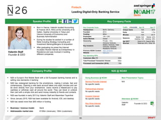 DRAFT
Speaker Profile
 Born in Vienna, Valentin studied Accounting
& Finance (M.A. HSG) at the University of St.
Gallen, Sophia University in Tokyo and
Vienna University of Economics and
Business Administration
 During his studies he worked in a number of
fields including Strategy Consulting and
Investment Banking/Mergers & Acquisition
 After graduating he joined the Internet
Incubator Rocket Internet as Entrepreneur in
Residence and was involved in building
different companies
Valentin Stalf
Founder & CEO
Key Company Facts
86
Fintech
Leading Digital-Only Banking Service
Company Profile N26 @ NOAH
 N26 is Europe’s first Mobile Bank with a full European banking license and is
setting new standards in banking
 N26 has redesigned banking for the smartphone, making it simple, fast and
contemporary. Opening a new bank account takes only eight minutes and can
be done directly from your smartphone. Users receive a Mastercard to pay
cashless or withdraw cash all around the world. They can block or unblock
their card with a simple click and send money instantly to friends and contacts
 N26 was founded in early 2013 by Valentin Stalf and Maximilian Tayenthal
 Since January 2015, N26 has been available for Android, iOS, and desktop
 N26 has raised more than $55 million in funding
 Business / revenue model: Bank
 Addressable market size: €130bn (revenues), 150m (customers)
Main Presentation Topics
N/A
Key Corporate Facts
Headquarters Berlin, Germany
Founded 2013
Funding $55m
Employees 100-1,000
Active Markets Global
Ownership Private – VCs
Key Investors
Horizons Ventures,
Battery Ventures, Valar
Ventures, Earlybird,
Redalpine Ventures
Previous NOAH Content N26 at NOAH
Website N26.com
Traffic Apr-16 Apr-17
Unique Users N/A 621k
Visits N/A 1.7m
Minutes N/A 04:17
Sessions
Mobile: N/A
Desktop: N/A
Mobile: 42%
Desktop: 58%
Apr 2017
Sources
Direct 41%, Search 26%,
Referrals 24%, Other 9%
Doing Business @ NOAH
Service Provider Interest
No specific needs
Partnerships Interest
No specific needs
Investor Interest
No specific needs
Key Hires Interest
No specific needs
Attendees @ NOAH
Valentin
Stalf
Founder & CEO
Key Operating KPIs
Customers (Mar-17) 300k
Total Processed Transaction Volume €3bn
Processed card transaction (2016) 10m
 