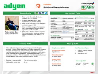 DRAFT
Speaker Profile
 Pieter van der Does is the Co-founder,
President and CEO at Adyen
 A leading expert with over 15 years
experience in the payments industry
 Pieter van der Does was CCO at Bibit before
co-founding Adyen in 2006
 Since then Adyen has grown from a startup
into a global operation, averaging double-
digit annual growth since 2007
 Pieter holds a Master’s degree in Economics
from the University of Amsterdam and was
elected Entrepreneur of the year by EY in
2013
Pieter van der Does
Co-Founder & CEO
Key Company Facts
9
Payments
Multichannel Payments Provider
Company Profile Adyen @ NOAH
 Adyen is the technology company reinventing payments for the global
economy. The only provider of a modern end-to-end infrastructure connecting
directly to Visa, Mastercard, and consumers’ globally preferred payment
methods, Adyen delivers frictionless payments across online, mobile, and in-
store. With offices all around the world, Adyen serves more than 4,500
businesses, including 8 of the 10 largest U.S. Internet companies. Customers
include Facebook, Uber, Netflix, Spotify, L’Oreal and Burberry
 Business / revenue model: Payment processing fees
 Addressable market size: $1.1tn
Key Corporate Facts
Headquarters Amsterdam, Netherlands
Founded 2006
Funding $266m
Employees 100-1,000
Active Markets Global
Ownership Private – VCs
Key Investors
Iconiq, Index Ventures,
General Atlantic,
Temasek, Felicis Ventures
Previous NOAH Content Adyen at NOAH
Website adyen.com
Traffic Apr-16 Apr-17
Unique Users 2.4m 4.9m
Visits 6m 8.9m
Minutes 02:58 02:57
Sessions
Mobile: 34%
Desktop: 66%
Mobile: 33%
Desktop: 67%
Apr 2017
Sources
Direct 8%, Search 3%,
Referrals 86%, Other 3%
Doing Business @ NOAH
Service Provider Interest
Digital Services
Partnerships Interest
No specific needs
Investor Interest
No specific needs
Key Hires Interest
No specific needs
Attendees @ NOAH
Pieter van
der Does
Co-Founder
& CEO
Key Operating KPIs
Revenue per employee €1.2m
Transactions Volume (2016) $90bn
Valuation Data and Financials
EV $2.3bn
2015 2016 Growth
Gross Revenues $365m $727m 99%
Net Revenues $109m $178m 65%
EBITDA $46m $87m 89%
Margin 42% 49% 7%
Main Presentation Topics
1. Powering growth for amazing
companies
2. Adyen growth story
(Net revenues)
 