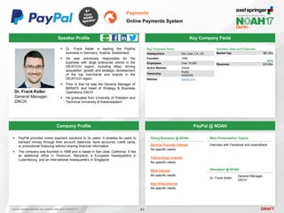 DRAFT
 Dr. Frank Keller is leading the PayPal
business in Germany, Austria, Switzerland
 He was previously responsible for the
business with large enterprise clients in the
DE/AT/CH region, including eBay; driving
acquisition, growth and strategic development
of the top merchants and brands in the
DE/AT/CH region
 Prior to that he was the General Manager of
BillSAFE and Head of Strategy & Business
Operations DACH
 He graduated from Unversity of Potsdam and
Technical University of Kaiserslautern
Dr. Frank Keller
General Manager,
DACH
Key Company Facts
91
Payments
Online Payments System
Company Profile PayPal @ NOAH
 PayPal provides online payment solutions to its users. It enables its users to
transact money through their account balances, bank accounts, credit cards,
or promotional financing without sharing financial information
 The company was founded in 1998 and is based in San Jose, California. It has
an additional office in Timonium, Maryland; a European headquarters in
Luxembourg; and an international headquarters in Singapore
Doing Business @ NOAH
Service Provider Interest
No specific needs
Partnerships Interest
No specific needs
M&A Interest
No specific needs
Key Hires Interest
No specific needs
Main Presentation Topics
Interview with Facebook and solarisBank
Attendees @ NOAH
Dr. Frank Keller
General Manager,
DACH
Key Corporate Facts
Headquarters San Jose, CA, US
Founded 1998
Employees Over 10,000
Active Markets Global
Ownership
Public
NASDAQ
Website paypal.com
Valuation Data and Financials
Market Cap $61.5bn
Source: FactSet (financial and valuation data as of 16/05/2017)
2016
Revenues $10.8bn
Speaker Profile
 