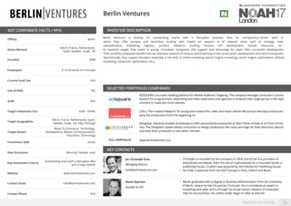INVESTOR BOOK
KEY CORPORATE FACTS / KPIS INVESTOR DESCRIPTION
SELECTED PORTFOLIO COMPANIES
KEY CONTACTS
Berlin Ventures
Be...