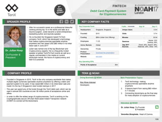 Dr. Julian Hosp
Co-Founder &
President
SPEAKER PROFILE
• After his successful career as a professional kitesurfer
(ranking among top 10 in the world) and later as a
trauma surgeon, Julian became a serial entrepreneur,
bestselling author and keynote-speaker
• He co-founded the Singapore based FinTech
company TenX, which has developed a technology
that makes cryptocurrencies spendable anytime
anywhere and has raised USD $80 million in its initial
token sale in June 2017
• Julian was named one of the top Blockchain and
Cryptocurrency experts. He is a frequently invited
speaker at global Tech/FinTech events as well as a
regular commentator in the media on current
blockchain trends, the future of cryptocurrency and
best ICO practices
KEY COMPANY FACTS
106
FINTECH
Debit Card Payment System
for Cryptocurrencies
COMPANY PROFILE TENX @ NOAH
• Founded in Singapore in 2015, TenX is the only company worldwide that makes
multiple digital currencies spendable anytime anywhere by offering a debit card
payment system to its users. It has raised $80 million in its initial token sale and
made it to the top 5 Singapore’s best funded startups in 2017
• The user can spend any of the funds through the TenX debit card, which can be
used in almost 200 countries at over 36 million points of acceptance online and
offline
• In order to offer the widest range of cryptocurrencies, TenX is working on the
Cryptographically-secure Off-chain Multi-asset Instant Transaction network
(COMIT) to connect all the blockchains
Key Hires Interest
Developers
Doing Business @ NOAH
Key Corporate Facts
Headquarters Singapore, Singapore
Founded 2015
Funding $80m (Initial Coin Offering)
Employees 11-25
Active Markets Global
Ownership Private
Product
Presentation
Download the presentation
Website tenx.tech
Key Operating KPIs
Points of Acceptance 36m
Traffic Sep-16 Sep-17
Unique Users - 0.3m
Visits - 0.7m
Minutes - 02:04
Sessions -
Mobile: 32%
Desktop: 68%
Sep 2017
Sources
Direct: 25%, Search: 35%,
Referrals: 26%, Other: 14%
Main Presentation Topics
Attendees @ NOAH
Dr. Julian Hosp, Co-Founder
& President
Veronika Ukrayinets, Head of Comms
1. TenX technology: making
cryptocurrencies spendable anytime
anywhere
2. 3 lessons learnt from raising $80 million
in 7 minutes
3. Connecting blockchains as the final step
for mass adoption of cryptocurrencies
 
