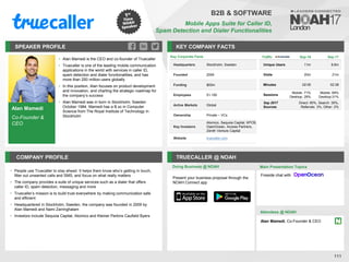Alan Mamedi
Co-Founder &
CEO
SPEAKER PROFILE
• Alan Mamedi is the CEO and co-founder of Truecaller
• Truecaller is one of the leading mobile communication
applications in the world with services in caller ID,
spam detection and dialer functionalities, and has
more than 250 million users globally
• In this position, Alan focuses on product development
and innovation, and charting the strategic roadmap for
the company’s success
• Alan Mamedi was in born in Stockholm, Sweden
October 1984. Mamedi has a B.sc in Computer
Science from The Royal Institute of Technology in
Stockholm
KEY COMPANY FACTS
111
B2B & SOFTWARE
Mobile Apps Suite for Caller ID,
Spam Detection and Dialer Functionalities
COMPANY PROFILE TRUECALLER @ NOAH
• People use Truecaller to stay ahead. It helps them know who’s getting in touch,
filter out unwanted calls and SMS, and focus on what really matters
• The company provides a suite of unique services such as a dialer that offers
caller ID, spam detection, messaging and more
• Truecaller’s mission is to build trust everywhere by making communication safe
and efficient
• Headquartered in Stockholm, Sweden, the company was founded in 2009 by
Alan Mamedi and Nami Zarringhalam
• Investors include Sequoia Capital, Atomico and Kleiner Perkins Caufield Byers
Doing Business @ NOAH
Traffic Sep-16 Sep-17
Unique Users 11m 8.8m
Visits 20m 21m
Minutes 02:05 02:38
Sessions
Mobile: 71%
Desktop: 29%
Mobile: 69%
Desktop:31%
Sep 2017
Sources
Direct: 60%, Search: 35%,
Referrals: 3%, Other: 2%
Key Corporate Facts
Headquarters Stockholm, Sweden
Founded 2009
Funding $93m
Employees 51-100
Active Markets Global
Ownership Private – VCs
Key Investors
Atomico, Sequoia Capital, KPCB,
OpenOcean, Access Partners,
Zenith Venture Capital
Website truecaller.com
Main Presentation Topics
Attendees @ NOAH
Alan Mamedi, Co-Founder & CEO
Fireside chat with
Present your business proposal through the
NOAH Connect app
 
