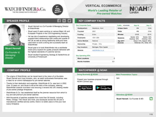 Stuart Hennell
Co-Founder &
Managing
Director
SPEAKER PROFILE
• Stuart Hennell is a Co-Founder & Managing Director
at Watchfinder
• Stuart spent 6 years working on various Major UK and
European Projects in the Civil Engineering Industry
• He has lots of experience negotiating and developing
supplier/client relationships both inside and outside of
the UK as well as strong leadership skills and have
used them to build a strong and successful team at
Watchfinder
• Stuart goal is to build Watchfinder into a worldwide
brand and a byword for quality products delivered with
the highest standards of customer service
• Stuart studied Engineering Geology & Geotechnics at
University of Portsmouth
KEY COMPANY FACTS
118
VERTICAL ECOMMERCE
World’s Leading Retailer of
Pre-owned Watches
COMPANY PROFILE WATCHFINDER @ NOAH
• The origins of Watchfinder can be traced back to the vision of co-founders
Stuart Hennell and Lloyd Amsdon, who, as watch enthusiasts themselves, saw
a need for an online marketplace for pre-owned watches
• Thanks to their dedication and expertise, Watchfinder & Co. was born in 2002.
Over 15 years on, and Stuart is still at the helm of the company, steering
Watchfinder towards innovation and ensuring it remains the UK’s leading retailer
of pre-owned prestige timepieces
• Watchfinder & Co. has established itself as the premier resource from which to
buy and sell premium pre-owned watches
• With thousands of watches available from more than 50 brands, including
Rolex, Omega, TAG Heuer and more, plus boutiques across the UK and a
manufacturer certified service centre, there’s no better place to find your next
luxury timepiece
Key Corporate Facts
Headquarters Maidstone, Kent
Founded 2001
Funding $10m
Employees 100-1,000
Active Markets National
Ownership Private – VCs
Key Investors Beringea, Piton Capital
Website watchfinder.co.uk
Key Operating KPIs
Store Locations 8
Brands Available 50+
Doing Business @ NOAH
Traffic Sep-16 Sep-17
Unique Users 20k 0.2m
Visits 46k 0.5m
Minutes 03:52 02:31
Sessions
Mobile: 52%
Desktop: 48%
Mobile: 50%
Desktop: 50%
Sep 2017
Sources
Direct: 31%, Search: 55%,
Referrals: 8%, Other: 6%
Main Presentation Topics
Attendees @ NOAH
Stuart Hennell, Co-Founder & MD
N/A
Present your business proposal through
NOAH Connect app
 