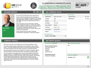 Ilan Zachi
CEO
SPEAKER PROFILE
• Ilan is the CEO of Zap Group since January 2016
• Arrived to Zap Group after five and a half years of
serving in senior management positions at HOT Group
(the largest cable company in Israel), including CEO of
HOT Mobile and, lastly, his appointment as CEO of
Hot Group
• Prior to his work in Hot, he has served in several
senior management positions in Cellcom (the largest
cellular company in Israel), was one of the founders of
the company's engineering network and was
appointed as Vice President of Customer Service and
a Cellcom Board Member
• He has received BA and an MA in Business
Administration, specializing in Information Systems
KEY COMPANY FACTS
122
CLASSIFIEDS & MARKETPLACES
Israel’s #1 Website for SMB Lead Gen, Price
Comparison, Restaurants and Other Verticals
COMPANY PROFILE ZAP GROUP @ NOAH
• Zap Group is proud to be the largest group of consumer websites in Israel
• The Group manages dozens of leading consumer websites of varied content
worlds. The group's websites offers visitors a convenient searching experience,
with various advanced tools that enable consumers to take wise decisions
• Zap Group provides a broad and rich platform for owners of small and medium-
sized businesses in Israel that assists them with growing and getting bigger
• Tens of thousands of businesses enjoy Zap’s advanced digital marketing and
publicity solutions: The establishment of a digital presence for the business is
adapted to all devices, publicity promotion at the group's websites, web publicity
for well-defined target populations on leading search engines and social
medias, while using the group's Big Data resources, and combining features
that enable the business to receive quality applications from relevant website
visitors, and more
Service Provider Interest
Ecommerce Services
Marketing
Analytics
Digital Services
Partnerships Interest
Distribution, Marketing
Key Financials
Revenues 2016 €51-100m
EBITDA 2016 €11-50m
Doing Business @ NOAH Main Presentation Topics
Attendees @ NOAH
Ilan Zachi, CEO
N/A
Key Corporate Facts
Headquarters Petah Tiqva, Israel
Founded 1968
Funding €5m
Employees 100-1,000
Active Markets National
Ownership Private – VCs
Key Investors Apax Partners
Website zapgroup.co.il/en
Key Operating KPIs
Number of Served SMBs 34k
 