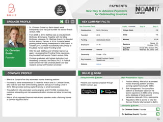 Dr. Christian
Grobe
Founder
SPEAKER PROFILE
• Dr. Christian Grobe is a Berlin-based serial
entrepreneur and has just founded his second fintech
venture, Billie
• From 2008 to 2014, Matthias was a consultant with
McKinsey & Company. Together with his fellow
McKinsey colleague, Dr. Matthias Knecht, he founded
his first venture, Zencap, in 2014: Europe's fastest
growing online lending marketplace for SME loans. In
October 2015, Christian successfully sold Zencap to
the global market leader Funding Circle
• After this exit, Matthias and Christian teamed up
again. Leveraging their Funding Circle experience,
they founded their second Fintech venture, Billie
• Christian graduated with highest distinction from
Heidelberg University. He holds a Ph.D. in Political
Science from the Free University Berlin and was
research scholar at Princeton University
KEY COMPANY FACTS
13
PAYMENTS
New Way to Advance Payments
for Outstanding Invoices
COMPANY PROFILE BILLIE @ NOAH
Billie.io is Europe's first fully automated invoice financing platform
•
Founded by serial entrepreneurs Dr. Matthias Knecht and Dr. Christian Grobe,
•
who built and sold their online lending platform Zencap to Funding Circle in
2015, Billie provides working capital financing to small businesses
The platform
• ’s fully automated scoring engines and KYC/AML modules allow
customer onboarding and risk assessment within minutes and allow for next day
payout
Billie is a fully regulated financial institute and operates under a factoring license
•
of German regulator BaFin
Key Corporate Facts
Headquarters Berlin, Germany
Founded 2016
Funding Undisclosed (Seed)
Employees 11-25
Active Markets National
Ownership Private – VCs
Key Investors
Global Founders Capital,
Speedinvest
Website billie.io
Doing Business @ NOAH Main Presentation Topics
Attendees @ NOAH
Dr. Christian Grobe, Founder
Dr. Matthias Knecht, Founder
Traffic Sep-16 Sep-17
Unique Users - <5k
Visits - <5k
Minutes - 01:26
Sessions -
Mobile: 0%
Desktop: 100%
Sep 2017
Sources
Direct: 40%, Search: 19%,
Referrals: 8%, Other: 33%
1. Product offering: Billie's fully automated
invoice financing platform provides
working capital financing for SMBs
2. Risk management: The core of the
platform is developed based on the
team’s experience in SME online lending
and a database of bank account
transaction data with 100m+ data points
3. Regulatory: Billie is as one of very few
German fintechs fully licensed by BaFin
Present your business proposal through
NOAH Connect app
 