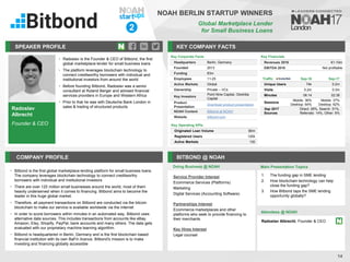Radoslav
Albrecht
Founder & CEO
SPEAKER PROFILE
• Radoslav is the Founder & CEO of Bitbond, the first
global marketplace lender for small business loans
• The platform leverages blockchain technology to
connect creditworthy borrowers with individual and
institutional investors from around the world
• Before founding Bitbond, Radoslav was a senior
consultant at Roland Berger and advised financial
services providers in Europe and Western Africa
• Prior to that he was with Deutsche Bank London in
sales & trading of structured products
KEY COMPANY FACTS
14
NOAH BERLIN STARTUP WINNERS
Global Marketplace Lender
for Small Business Loans
COMPANY PROFILE BITBOND @ NOAH
• Bitbond is the first global marketplace lending platform for small business loans.
The company leverages blockchain technology to connect creditworthy
borrowers with individual and institutional investors
• There are over 125 million small businesses around the world, most of them
heavily underserved when it comes to financing. Bitbond aims to become the
leader in this huge global market.
• Therefore, all payment transactions on Bitbond are conducted via the bitcoin
blockchain to make our service is available worldwide via the internet
• In order to score borrowers within minutes in an automated way, Bitbond uses
alternative data sources. This includes transactions from accounts like eBay,
Amazon, Etsy, Shopify, PayPal, bank accounts and many others. The data gets
evaluated with our proprietary machine learning algorithm.
• Bitbond is headquartered in Berlin, Germany and is the first blockchain based
financial institution with its own BaFin licence. Bitbond's mission is to make
investing and financing globally accessible
Service Provider Interest
Ecommerce Services (Platforms)
Marketing
Digital Services (Accounting Software)
Partnerships Interest
Ecommerce marketplaces and other
platforms who seek to provide financing to
their merchants
Key Hires Interest
Legal counsel
Key Financials
Revenues 2016 €1-10m
EBITDA 2016 Not profitable
Doing Business @ NOAH Main Presentation Topics
Attendees @ NOAH
Radoslav Albrecht, Founder & CEO
1. The funding gap in SME lending
2. How blockchain technology can help
close the funding gap?
3. How Bitbond taps the SME lending
opportunity globally?
Key Corporate Facts
Headquarters Berlin, Germany
Founded 2013
Funding €3m
Employees 11-25
Active Markets Global
Ownership Private – VCs
Key Investors
Point Nine Capital, Obotritia
Capital
Product
Presentation
Download product presentation
NOAH Content Bitbond at NOAH
Website bitbond.com
Key Operating KPIs
Originated Loan Volume $5m
Registered Users 120k
Active Markets 130
Traffic Sep-16 Sep-17
Unique Users 74k 0.2m
Visits 0.2m 0.3m
Minutes 06:14 02:38
Sessions
Mobile: 36%
Desktop: 64%
Mobile: 37%
Desktop: 62%
Sep 2017
Sources
Direct: 29%, Search: 51%,
Referrals: 14%, Other: 6%
2
 