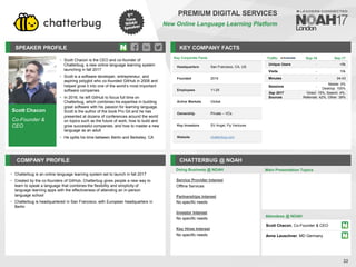 Scott Chacon
Co-Founder &
CEO
SPEAKER PROFILE
• Scott Chacon is the CEO and co-founder of
Chatterbug, a new online language learning system
launching in fall 2017
• Scott is a software developer, entrepreneur, and
aspiring polyglot who co-founded GitHub in 2008 and
helped grow it into one of the world’s most important
software companies
• In 2016, he left GitHub to focus full time on
Chatterbug, which combines his expertise in building
great software with his passion for learning language.
Scott is the author of the book Pro Git and he has
presented at dozens of conferences around the world
on topics such as the future of work, how to build and
grow successful companies, and how to master a new
language as an adult
• He splits his time between Berlin and Berkeley, CA
KEY COMPANY FACTS
22
PREMIUM DIGITAL SERVICES
New Online Language Learning Platform
COMPANY PROFILE CHATTERBUG @ NOAH
• Chatterbug is an online language learning system set to launch in fall 2017
• Created by the co-founders of GitHub, Chatterbug gives people a new way to
learn to speak a language that combines the flexibility and simplicity of
language learning apps with the effectiveness of attending an in-person
language school
• Chatterbug is headquartered in San Francisco, with European headquarters in
Berlin
Service Provider Interest
Offline Services
Partnerships Interest
No specific needs
Investor Interest
No specific needs
Key Hires Interest
No specific needs
Doing Business @ NOAH
Key Corporate Facts
Headquarters San Francisco, CA, US
Founded 2016
Employees 11-25
Active Markets Global
Ownership Private – VCs
Key Investors SV Angel, Fly Ventures
Website chatterbug.com
Main Presentation Topics
Attendees @ NOAH
Scott Chacon, Co-Founder & CEO
Anne Leuschner, MD Germany
Traffic Sep-16 Sep-17
Unique Users - <5k
Visits - 10k
Minutes - 04:43
Sessions -
Mobile: 0%
Desktop: 100%
Sep 2017
Sources
Direct: 15%, Search: 4%,
Referrals: 42%, Other: 39%
 