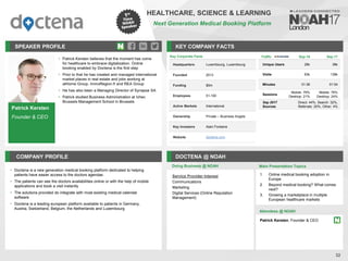 Patrick Kersten
Founder & CEO
SPEAKER PROFILE
Patrick Kersten believes that the moment has come
•
for healthcare to embrace digitalization. Online
booking enabled by Doctena is the first step
Prior to that he has created and managed international
•
market places in real estate and jobs working at
atHome Group, immoRegion.fr and REA Group
He has also been a Managing Director of Synapse SA
•
Patrick studied Business Administration at Ichec
•
Brussels Management School in Brussels
KEY COMPANY FACTS
32
HEALTHCARE, SCIENCE & LEARNING
Next Generation Medical Booking Platform
COMPANY PROFILE DOCTENA @ NOAH
• Doctena is a new generation medical booking platform dedicated to helping
patients have easier access to the doctors agendas
• The patients can see the doctors availabilities online or with the help of mobile
applications and book a visit instantly
• The solutions provided do integrate with most existing medical calendar
software
• Doctena is a leading european platform available to patients in Germany,
Austria, Switzerland, Belgium, the Netherlands and Luxembourg
Key Corporate Facts
Headquarters Luxembourg, Luxembourg
Founded 2013
Funding $5m
Employees 51-100
Active Markets International
Ownership Private – Business Angels
Key Investors Alain Fontaine
Website doctena.com
Service Provider Interest
Communications
Marketing
Digital Services (Online Reputation
Management)
Doing Business @ NOAH Main Presentation Topics
Attendees @ NOAH
Patrick Kersten, Founder & CEO
1. Online medical booking adoption in
Europe
2. Beyond medical booking? What comes
next?
3. Growing a marketplace in multiple
European healthcare markets
Traffic Sep-16 Sep-17
Unique Users 26k 38k
Visits 83k 138k
Minutes 01:36 01:54
Sessions
Mobile: 79%
Desktop: 21%
Mobile: 76%
Desktop: 24%
Sep 2017
Sources
Direct: 44%, Search: 32%,
Referrals: 20%, Other: 4%
 