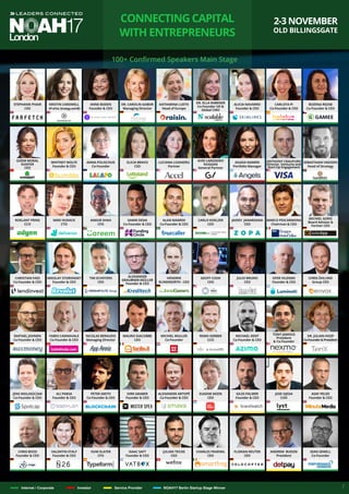 SAMIR DESAI
Co-Founder & CEO
CONNECTING CAPITAL
WITH ENTREPRENEURS
2-3 NOVEMBER
OLD BILLINGSGATE
100+ Confirmed Speakers Main Stage
NIKOLAY STORONSKY
Founder & CEO
TIM SCHIFFERS
CEO
ALEXANDER
GRAUBNER-MÜLLER
Founder & CEO
HENDRIK
KLINDWORTH - CEO
GEOFF COOK
CEO
JULIO BRUNO
CEO
OFER VILENSKI
Founder & CEO
CHRIS ÖHLUND
Group CEO
FABIO CANNAVALE
Co-Founder & CEO
RAFFAEL JOHNEN
Co-Founder & CEO
STEPHANIE PHAIR
CSO
KRISTIN CARDWELL
VPofInt.StrategyandBD
ANNE BODEN
Founder & CEO
DR. CAROLIN GABOR
Managing Director
KATHARINA LUETH
Head of Europe
DR. ELLA RABENER
Co-Founder UK &
Global CMO
ALICIA NAVARRO
Founder & CEO
CARLOTA PI
Co-Founder & CEO
BOZENA REZAB
Co-Founder & CEO
WHITNEY WOLFE
Founder & CEO
GIZEM MORAL
KUNTER
CEO
ANNA POLISCHUK
Co-Founder
ELICIA BRAVO
CSO
LUCIANA LIXANDRU
Partner
AVID LARIZADEH
DUGGAN
General Partner
AGADA NAMERI
Portfolio Manager
ANTHONY CRAUFURD
Director, Ventures and
Start-Up Engagement
ROELANT PRINS
CCO
MIKE HUDACK
CTO
SEBASTIAAN VAESSEN
Head of Strategy
ANKUR SHAH
CFO
SAMIR DESAI
Co-Founder & CEO
ALAN MAMEDI
Co-Founder & CEO
CARLO KOELZER
CEO
JAIDEV JANARDANA
CEO
MARCO PESCARMONA
Chairman & CEO
MICHIEL GORIS
Board Advisor &
Former CEO
CHRISTIAN FAES
Co-Founder & CEO
NICOLAS BERAUDO
Managing Director
MAURO GIACOBBE
CEO
TONY JAMOUS
President
& Co-Founder
MICHIEL MULLER
Co-Founder
REMO GERBER
CCO
MICHAEL KENT
Co-Founder & CEO
JENS WOLOSZCZAK
Co-Founder & CEO
DR. JULIAN HOSP
Co-Founder&President
ALI PARSA
Founder & CEO
PETER SMITH
Co-Founder & CEO
DIRK GRABER
Founder & CEO
ALEXANDER ARTOPÉ
Co-Founder & CEO
EUGENE MIZIN
CEO
GILES PALMER
Founder & CEO
JOSE OJEDA
COO
ASAF PELED
Founder & CEO
CHRIS BOOS
Founder & CEO
VALENTIN STALF
Founder & CEO
HUW SLATER
CFO
JULIAN TEICKE
CEO
ISAAC SAFT
Founder & CEO
CHARLES FRAENKL
CEO
FLORIAN REUTER
CEO
ANDREW BUDZIK
President
SEAN SEWELL
Co-Founder
Internet / Corporate Investor Service Provider NOAH17 Berlin Startup Stage Winner 7
 