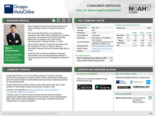 Marco
Pescarmona
Group Chairman
and Head of
Broking Division
SPEAKER PROFILE
• Marco Pescarmona serves as Group Chairman and
Head of Broking Division of Gruppo MutuiOnline
S.p.A.
• Prior to Gruppo MutuiOnline, he worked as a
consultant in the Milan office of McKinsey & Company,
focusing on the insurance and banking industries.
Before that, he worked in the Fixed Income
Derivatives desk of Morgan Stanley in London
• Marco holds a degree in Electrical Engineering from
the Politecnico di Torino in 1993 as well as in
Information Sciences from the Universita degli Studi di
Torino
• Apart from that, he holds an Masters in Business
Administration from the Massachusetts Institute of
Technology Sloan School of Management, obtained in
1998
KEY COMPANY FACTS
48
CONSUMER SERVICES
Italy’s #1 Online Retail Credit Broker
COMPANY PROFILE GRUPPO MUTUIONLINE @ NOAH
• Gruppo MutuiOnline S.p.A. is the holding company of a group of financial
services firms operating in the Italian market of retail credit products distribution
and in the Italian market of credit-related business process outsourcing services
for retail lending clients
• Gruppo MutuiOnline is today a leading online retail credit broker and a major
provider of credit-related outsourcing services to lenders in Italy
• Company main websites are www.mutuionline.it, www.prestitionline.it,
www.segugio.it and www.trovaprezzi.it
• Company vision is to be the most innovative financial services company
capturing the opportunities stemming from the evolution of the underdeveloped
Italian retail credit market, leveraging on technology, operational excellence,
independency and superior execution
Valuation Data and Key Financials
Market Cap €523m
Doing Business @ NOAH Main Presentation Topics
Attendees @ NOAH
Key Corporate Facts
Headquarters Milan, Italy
Founded 2000
Employees 1,368
Active Markets International
Ownership Public (MOL, 37% freefloat)
Key Shareholders
Alma Ventures,
Investmentaktiengesellschaft für
langfristige Investoren TGV
Company Deck Download company presentation
NOAH Content Gruppo MutuiOnline at NOAH
Website gruppomol.it
Key Operating KPIs
Share of Broking Division Revenues 2016 47%
Share of BPO Division Revenues 2016 53%
Marco Pescarmona, Group Chairman
and Head of
Broking Division
Note: Valuation and financial data according to S&P Capital IQ (as of 04/10/2017)
2016A 2017E Growth
Revenues €m 133 157 18%
EBITDA €m 38 45 21%
Margin % 28% 29% 1%
EV/EBITDA 13.1x 10.9x (17%)
P/E 21.1x 15.4x (27%)
Attending Mortgage Broking in Europe panel
Present your business proposal through
NOAH Connect app
 