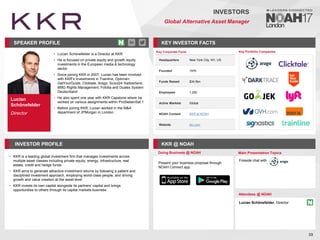 Lucian
Schönefelder
Director
SPEAKER PROFILE
• Lucian Schönefelder is a Director at KKR
• He is focused on private equity and growth equity
investments in the European media & technology
sector
• Since joining KKR in 2007, Lucian has been involved
with KKR’s investments in Trainline, Optimal+,
GetYourGuide, Clicktale, Arago, Scout24 Switzerland,
BMG Rights Management, Fotolia and Duales System
Deutschland
• He also spent one year with KKR Capstone where he
worked on various assignments within ProSiebenSat.1
• Before joining KKR, Lucian worked in the M&A
department of JPMorgan in London
KEY INVESTOR FACTS
59
INVESTORS
Global Alternative Asset Manager
INVESTOR PROFILE KKR @ NOAH
• KKR is a leading global investment firm that manages investments across
multiple asset classes including private equity, energy, infrastructure, real
estate, credit and hedge funds
• KKR aims to generate attractive investment returns by following a patient and
disciplined investment approach, employing world‐class people, and driving
growth and value creation at the asset level
• KKR invests its own capital alongside its partners' capital and brings
opportunities to others through its capital markets business
Doing Business @ NOAH Main Presentation Topics
Attendees @ NOAH
Lucian Schönefelder, Director
Fireside chat with
Key Portfolio Companies
Key Corporate Facts
Headquarters New York City, NY, US
Founded 1976
Funds Raised $34.5bn
Employees 1,250
Active Markets Global
NOAH Content KKR at NOAH
Website kkr.com
Present your business proposal through
NOAH Connect app
 