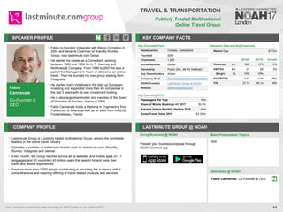 Fabio
Cannavale
Co-Founder &
CEO
SPEAKER PROFILE
• Fabio co-founded Volagratis with Marco Corradino in
2004 and became Chairman of Bravofly Rumbo
Group, now lastminute.com Group
• He started his career as a Consultant, working
between 1989 and 1996 for A. T. Kearney and
McKinsey & Company. From 1999 to 2001 he was a
part of the Management Team of eDreams, an online
travel. Then he founded his own group starting from
Volagratis
• He started many initiatives in the start up European
investing and supported more then 40 companies in
the last 3 years with its own investment holding
• He is also large shareholder and member of the Board
of Directors of Cavotec, listens at OMX
• Fabio Cannavale holds a Diploma in Engineering from
Politecnico di Milano as well as an MBA from INSEAD,
Fontainebleau, France
KEY COMPANY FACTS
64
TRAVEL & TRANSPORTATION
Publicly Traded Multinational
Online Travel Group
COMPANY PROFILE LASTMINUTE GROUP @ NOAH
• Lastminute Group is a publicly traded multinational Group, among the worldwide
leaders in the online travel industry
• Operates a portfolio of well-known brands such as lastminute.com, Bravofly,
Rumbo, Volagratis and Jetcost
• Every month, the Group reaches across all its websites and mobile apps (in 17
languages and 40 countries) 43 million users that search for and book their
travel and leisure experiences
• Employs more than 1,200 people contributing to providing the audience with a
comprehensive and inspiring offering of travel related products and services
Valuation Data and Key Financials
Market Cap €172m
Doing Business @ NOAH Main Presentation Topics
Attendees @ NOAH
N/A
Key Corporate Facts
Headquarters Chiasso, Switzerland
Founded 2004
Employees 1,200
Active Markets Global
Ownership Public (SIX, 48.5% freefloat)
Key Shareholders Ardian
Company Deck Download company presentation
NOAH Content Lastminute Group at NOAH
Website lastminutegroup.com
Key Operating KPIs
Passengers Per Year 10m
Share of Mobile Bookings H1 2017 30.5%
Average Unique Monthly Visitors 2016 43m
Gross Travel Value 2016 €2.35bn
Fabio Cannavale, Co-Founder & CEO
Note: Valuation and financial data according to S&P Capital IQ (as of 04/10/2017)
2016A 2017E Growth
Revenues €m 262 273 2%
EBITDA €m 27 28 3%
Margin % 10% 10% -
EV/EBITDA 3.5x 3.4x (3%)
P/E 27.7x 40.1x 45%
Present your business proposal through
NOAH Connect app
 