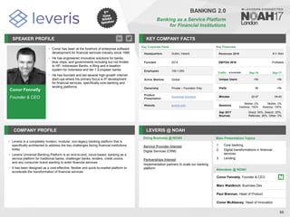 Conor Fennelly
Founder & CEO
SPEAKER PROFILE
• Conor has been at the forefront of enterprise software
development for financial services industry since 1995
• He has engineered innovative solutions for banks,
blue chips, and governments including but not limited
to HP, Indonesian Banks, e-filing and e-taxation
system for Indonesia and tier 1 European banks
• He has founded and led several high-growth internet
start-ups where his primary focus is IP development
for financial services, specifically core-banking and
lending platforms
KEY COMPANY FACTS
66
BANKING 2.0
Banking as a Service Platform
for Financial Institutions
COMPANY PROFILE LEVERIS @ NOAH
Leveris
• is a completely modern, modular, non-legacy banking platform that is
specifically architected to address the key challenges facing financial institutions
today
Leveris
• Universal Banking Platform is an end-to-end, cloud-based, banking as a
service platform for traditional banks, challenger banks, lenders, credit unions
and any consumer brand wanting to enter financial services
It has been designed as a cost
• -effective, flexible and quick-to-market platform to
accelerate the transformation of financial services
Key Corporate Facts
Headquarters Dublin, Ireland
Founded 2014
Employees 100-1,000
Active Markets Global
Ownership Private – Founders Only
Product
Presentation
Download brochure
Website leveris.com
Traffic Sep-16 Sep-17
Unique Users <5k <5k
Visits 8k <5k
Minutes 22:47 04:40
Sessions
Mobile: 0%
Desktop: 100%
Mobile: 0%
Desktop: 100%
Sep 2017
Sources
Direct: 54%, Search: 20%,
Referrals: 26%, Other: 0%
Service Provider Interest
Digital Services (CRM)
Partnerships Interest
Implementation partners to scale our banking
platform
Key Financials
Revenues 2016 €11-50m
EBITDA 2016 Profitable
Doing Business @ NOAH Main Presentation Topics
Attendees @ NOAH
Conor Fennelly, Founder & CEO
Marc Waldkirch, Business Dev
Paul Brennan, Head of Product
Conor McAleavey, Head of Innovation
1. Core banking
2. Digital transformations in financial
services
3. Lending
 