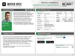 Dirk Graber
Co-Founder &
CEO
SPEAKER PROFILE
• Dirk Graber studied business administration in
Marburg, Hong Kong, Moscow and Leipzig, graduating
from the Leipzig Graduate School of Management
• Before the founding of Mister Spex, Graber worked as
a consultant in the Boston Consulting Group
• He gained experience in ecommerce during his
studies through internships with eBay and Jamba
• He also had stints at KPMG and Commerzbank
• As a managing director of Mister Spex, he has
particular responsibility for the Business Development,
IT, Finance & Controlling, Operations and HR divisions
KEY COMPANY FACTS
76
VERTICAL ECOMMERCE
Leading Online Store for Eyewear Products
COMPANY PROFILE MISTER SPEX @ NOAH
• Mister Spex is an online store that sells various brands of glasses in Germany
• Its product range includes over 5000 different glasses, sunglasses, sports
eyewear, and contact lenses from more than 60 brands and designers
• The store’s offerings include sports labels such as Adidas, Carrera, Lacoste,
and Oakley to designer brands such as Burberry, Calvin Klein, Dolce&Gabbana,
Gucci, Jil Sander, Prada, Roberto Cavalli, Tom Ford, and Versace
• Mister Spex was launched in 2007 and its operations are headquartered in
Berlin, Germany
• It also operates its own websites in France, Spain, Austria, Switzerland, the
Netherlands, and Great Britain
Doing Business @ NOAH
Traffic Sep-16 Sep-17
Unique Users 0.8m 0.6m
Visits 1.8m 1.3m
Minutes 07:35 08:38
Sessions
Mobile: 67%
Desktop: 33%
Mobile: 59%
Desktop: 41%
Sep 2017
Sources
Direct: 29%, Search: 45%,
Referrals: 18%, Other: 8%
Key Corporate Facts
Headquarters Berlin, Germany
Founded 2007
Funding $70m
Employees 251-500
Active Markets Internationals
Ownership Private – VCs
Key Investors
Goldman Sachs, SEP, DN
Capital, Point Nine Capital,
Grazia Equity, Astutia Ventures
NOAH Content Mister Spex at NOAH
Website misterspex.de
Main Presentation Topics
Attendees @ NOAH
Dirk Graber, Co-Founder & CEO
Fireside chat with
Present your business proposal through
NOAH Connect app
 