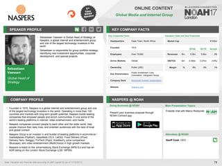 Sebastiaan
Vaessen
Global Head of
Strategy
SPEAKER PROFILE
• Sebastiaan Vaessen is Global Head of Strategy at
Naspers, a global internet and entertainment group
and one of the largest technology investors in the
world
• Sebastiaan is responsible for group portfolio strategy,
identifying new investment opportunities, corporate
development, and special projects
KEY COMPANY FACTS
79
ONLINE CONTENT
Global Media and Internet Group
COMPANY PROFILE NASPERS @ NOAH
• Founded in 1915, Naspers is a global internet and entertainment group and one
of the largest technology investors in the world. Operating in more than 120
countries and markets with long-term growth potential, Naspers builds leading
companies that empower people and enrich communities. It runs some of the
world’s leading platforms in internet, video entertainment, and media
• Naspers companies connect people to each other and the wider world, help
people improve their daily lives, and entertain audiences with the best of local
and global content
• Naspers Group is an investor in and builder of leading platforms in ecommerce /
marketplaces (FlipKart), classifieds (OLX, LetGo), Food Delivery (iFood,
Delivery Hero, Swiggy), FinTech (PayU, Kreditech), price comparison
(Buscape), and video entertainment (MultiChoice) in high growth markets
• Naspers is listed on the Johannesburg Stock Exchange (NPN.SJ) and has an
ADR listing on the London Stock Exchange (LSE: NPSN)
Valuation Data and Key Financials
Market Cap €105bn
Doing Business @ NOAH Main Presentation Topics
Attendees @ NOAH
Key Corporate Facts
Headquarters Cape Town, South Africa
Founded 1915
Employees Over 10,000
Active Markets Global
Ownership Public (JSE)
Key Shareholders
Public Investment Corp,
Coronation, Vanguard Group
Company Deck Download investor presentation
Website naspers.com
Geoff Cook, CEO
Note: Valuation and financial data according to S&P Capital IQ (as of 11/10/2017)
2016A 2017E Growth
Revenues €m 5.3bn 5.5bn 3%
EBITDA €m 0.30bn 0.27bn (10%)
Margin % 6% 5% 1%
Fireside chat with Marco Rodzynek
Present your business proposal through
NOAH Connect app
 