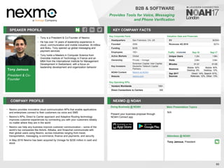 Tony Jamous
President & Co-
Founder
SPEAKER PROFILE
• Tony is a President & Co-Founder of Nexmo
• He has over 14 years of leadership experience in
cloud, communication and mobile industries. At mBlox
and Boku, Tony opened up global messaging and
payment services
• Tony holds a Masters in Computer Science from
Grenoble Institute of Technology in France and an
MBA from the International Institute for Management
Development in Switzerland, with a focus on
leadership development and organization behavior
KEY COMPANY FACTS
80
B2B & SOFTWARE
Provides Tools for Voice, Messaging
and Phone Verification
COMPANY PROFILE NEXMO @ NOAH
Nexmo
• provides innovative cloud communication APIs that enable applications
and enterprises connect to their customers via voice and SMS
Nexmo
• ’s APIs, Direct to Carrier approach and Adaptive Routing technology
improves customer experiences by connecting you with your customers reliably
no matter where they are in the world
Nexmo
• can help any business improve customer communication – some of the
world’s top companies like Airbnb, Alibaba, and Snapchat communicate with
their global users using Nexmo, across industries ranging from travel,
transportation, messaging, e-commerce, finance and payments, and security
In May
• 2016 Nexmo has been acquired by Vonage for $230 million in cash and
stock
Key Corporate Facts
Headquarters San Francisco, CA, US
Founded 2006
Funding $22$
Employees 160+
Active Markets Global
Ownership Private – Vonage
Key Investors
Sorenson Capital, Intel Capital,
Deutsche Telekom Capital
Partners
NOAH Content Nexmo at NOAH
Website nexmo.com
Traffic Sep-16 Sep-17
Unique Users 1.2m 1.8m
Visits 2.8m 3.9m
Minutes 01:21 01:05
Sessions
Mobile: 92%
Desktop: 8%
Mobile: 90%
Desktop: 10%
Sep 2017
Sources
Direct: 14%, Search: 61%,
Referrals: 12%, Other: 13%
Key Operating KPIs
Vendors Worldwide 100+
Direct Connections to Carriers 350
Valuation Data and Financials
EV $230m
Revenues 4Q 2016 $27m
Doing Business @ NOAH Main Presentation Topics
Attendees @ NOAH
Tony Jamous, President
N/A
Present your business proposal through
NOAH Connect app
 