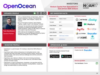 Tom Henriksson
General Partner
SPEAKER PROFILE
• Tom is a General Partner at OpenOcean, where he
has led investment in Zentyal, CommerceGuys,
EyeEm, LoopMe, Verto Analytics, TapDaq, and
Unacast
• He is on the board of Unacast, Verto Analytics,
TapDaq, LoopMe, EyeEm, and following Truecaller
• Previously Tom launched and led Nokia Interactive
Advertising, the leading first generation premium
mobile ad-network, scaling it to $50 million in revenues
from scratch in less than three years
• With a start-up and management consulting
background, he was also Managing Director at Holtron
Ventures leading the A-round in MySQL
KEY INVESTOR FACTS
84
INVESTORS
Venture Capital Firm Specialized in
Data-Driven B2B Sofware
INVESTOR PROFILE OPENOCEAN @ NOAH
OpenOcean
• is a pan-European VC investing in data-driven B2B software at
Series A
OpenOcean
• backs reckless entrepreneurs to build global winners. Likes
companies with large user-bases; that disrupt existing markets; handle large
amounts of data; crack serious technical challenges and sell their products to
other businesses
OpenOcean
• sees ‘delicious’ software is the core of enduring businesses:
software that is not simply easy to use, but easy to love, that delivers better
products and faster scaling
OpenOcean
• is a team of entrepreneurs, developers, and executives with the
experience of building billion dollar companies, including MySQL, coupled with
hunger and determination to continue learning
Doing Business @ NOAH Main Presentation Topics
Attendees @ NOAH
Tom Henriksson, Partner
Fireside chat with
Key Portfolio Companies
Key Corporate Facts
Headquarters Helsinki, Finland
Founded 2011
Funds Raised $164m
Employees 4-10
Active Markets Global
NOAH Content OpenOcean at NOAH
Website openocean.vc
Present your business proposal through
NOAH Connect app
 