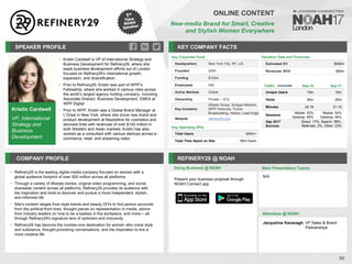 Kristin Cardwell
VP, International
Strategy and
Business
Development
SPEAKER PROFILE
• Kristin Cardwell is VP of International Strategy and
Business Development for Refinery29, where she
leads business development efforts out of London
focused on Refinery29’s international growth,
expansion, and diversification
• Prior to Refinery29, Kristin was part of WPP’s
Fellowship, where she worked in various roles across
the world’s largest agency holding company, including
Associate Director, Business Development, EMEA at
WPP Digital
• Prior to WPP, Kristin was a Global Brand Manager at
L’Oreal in New York, where she drove new brand and
product development at Maybelline for cosmetics and
skincare lines with revenues of over $140 million in
both Western and Asian markets. Kristin has also
worked as a consultant with various startups across e-
commerce, retail, and streaming video
KEY COMPANY FACTS
92
ONLINE CONTENT
New-media Brand for Smart, Creative
and Stylish Women Everywhere
COMPANY PROFILE REFINERY29 @ NOAH
Refinery
• 29 is the leading digital-media company focused on women with a
global audience footprint of over 500 million across all platforms
Through a variety of lifestyle stories, original video programming, and social,
•
shareable content across all platforms, Refinery29 provides its audience with
the inspiration and tools to discover and pursue a more independent, stylish,
and informed life
Site
• ’s content ranges from style trends and beauty DIYs to first person accounts
from the political front lines, thought pieces on representation in media, advice
from industry leaders on how to be a badass in the workplace, and more— all
through Refinery29's signature lens of optimism and inclusivity
Refinery
• 29 has become the number-one destination for women who crave style
and substance, thought-provoking conversations, and the inspiration to live a
more creative life
Doing Business @ NOAH Main Presentation Topics
Attendees @ NOAH
Jacqueline Kavanagh, VP Sales & Brand
Partnerships
N/A
Key Corporate Facts
Headquarters New York City, NY, US
Founded 2005
Funding $125m
Employees 450
Active Markets Global
Ownership Private – VCs
Key Investors
Stripes Group, Scripps Network,
WPP Ventures, Turner
Broadcasting, Hearst, Lead Edge
Website refinery29.com
Key Operating KPIs
Total Users 500m+
Total Time Spent on Site 50m hours
Valuation Data and Financials
Estimated EV $500m
Revenues 2015 $80m
Traffic Sep-16 Sep-17
Unique Users 15m 15m
Visits 26m 25m
Minutes 02:19 01:15
Sessions
Mobile: 52%
Desktop: 48%
Mobile: 54%
Desktop: 46%
Sep 2017
Sources
Direct: 17%, Search: 58%,
Referrals: 2%, Other: 23%
Present your business proposal through
NOAH Connect app
 