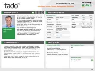 SPEAKER PROFILE
• Before joining tado°, Toon Bouten previously served
as Vice President of Philips Electronics NV, where he
led the European Consumer Division
• As VP of Compaq Computers he started the Compaq
Consumer Division in EMEA and reached the number
one market position in Europe
• In early 2000, he took over the CEO position from the
founder of Jobline AB.
• Toon was also CEO of Tomorrow Focus
• More recently served as President and CEO of GN
Store Nord and GN Netcom, the Danish headset
maker where he successfully redesigned its value
chain and transitioned it to a scalable and well-
positioned leader in the headset industry
KEY COMPANY FACTS
108
INDUSTRIALS & IOT
Intelligent Home Climate Management Solutions
COMPANY PROFILE TADO° @ NOAH
• Founded in Munich 2011, tado° is the European market leader in intelligent
home climate management solutions. With its Smart Thermostats for heating
and the Smart AC Control for cooling, tado° reshapes the way energy is
consumed at home
• The tado° Smart Climate Assistant app uses features like Geofencing and
Weather Adaption to save up to 31% of your heating costs, while enhancing
comfort
• Having raised €50m in venture funding and currently employing almost 200
people, tado° is active across Europe and the US
Doing Business @ NOAH
Traffic Apr-17 Apr-18
Unique Users 0.2m 0.1m
Visits 0.6m 0.4m
Minutes 01:23 02:18
Sessions
Mobile: 70%
Desktop: 30%
Mobile: 49%
Desktop: 51%
Apr 2018
Sources
Direct: 64%, Search: 29%,
Referrals: 2%, Other: 5%
Key Corporate Facts
Headquarters Munich, Germany
Founded 2011
Employees 100-1,000
Active Markets International
Ownership Private - VCs
Key Investors
Target Partners, Shortcut,
Siemens, BayBG, Statkraft,
Inven Capital
Funding €50m
NOAH Content tado° at NOAH
Website tado.com
Main Presentation Topics
Attendees @ NOAH
Toon Bouten, CEO
N/A
Toon Bouten
CEO
Service Providers Interest
Offline Services – Fund Raising Advisory
Partnerships Interest
Business partnerships to scale our business
 