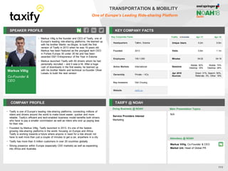 SPEAKER PROFILE
• Markus Villig is the founder and CEO of Taxify, one of
Europe’s leading ride-sharing platforms. He teamed up
with his brother Martin, ex-Skype, to build the first
version of Taxify in 2013 when he was 19 years old.
Markus has been featured as the youngest tech CEO
in Forbes Europe 30 under 30 list and has been
awarded E&Y Entrepreneur of the Year in Estonia
• Markus launched Taxify with 50 drivers whom he had
personally recruited – and it was a hit. After a huge
rush of downloads in the first weeks, he teamed up
with his brother Martin and technical co-founder Oliver
Leisalu to build the next version
KEY COMPANY FACTS
111
TRANSPORTATION & MOBILITY
One of Europe’s Leading Ride-sharing Platform
COMPANY PROFILE TAXIFY @ NOAH
• Taxify is one of Europe’s leading ride-sharing platforms, connecting millions of
riders and drivers around the world to make travel easier, quicker and more
reliable. Taxify’s efficient and tech-enabled business model benefits both drivers
who have to pay a smaller commission as well as riders who end up paying less
for their ride
• Founded by Markus Villig, Taxify launched in 2013. It’s one of the fastest-
growing ride-sharing platforms in the world, focusing on Europe and Africa.
Taxify is working towards a future where anyone in need for a ride should not
have to wait more than just a couple of minutes to get a car, anywhere in a city
• Taxify has more than 5 million customers in over 20 countries globally
• Strong presence within Europe (especially CEE markets) as well as expanding
into Africa and Australia
Doing Business @ NOAH
Traffic Apr-17 Apr-18
Unique Users 0.2m 0.5m
Visits 0.6m 1.1m
Minutes 04:02 04:19
Sessions
Mobile: 82%
Desktop: 18%
Mobile: 74%
Desktop: 26%
Apr 2018
Sources
Direct: 31%, Search: 50%,
Referrals: 3%, Other: 16%
Key Corporate Facts
Headquarters Tallinn, Estonia
Founded 2013
Employees 100-1,000
Active Markets International
Ownership Private – VCs
Key Investors Didi Chuxing
Website taxify.eu
Main Presentation Topics
Attendees @ NOAH
N/A
Markus Villig
Co-Founder &
CEO
Service Providers Interest
Marketing
Markus Villig, Co-Founder & CEO
Market Unt, Head of Global PR
 