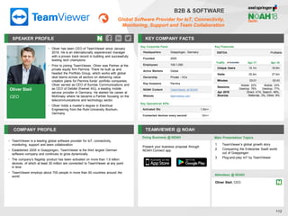 SPEAKER PROFILE
• Oliver has been CEO of TeamViewer since January
2018. He is an internationally experienced manager
with a proven track record in building and successfully
leading tech champions
• Prior to joining TeamViewer, Oliver was Partner at the
private equity firm Permira. There he built up and
headed the Portfolio Group, which works with global
deal teams across all sectors on delivering value
creation plans for Permira funds’ portfolio companies.
Oliver served as CEO of Sunrise Communications and
as CEO of Debitel (freenet AG), a leading mobile
service provider in Germany. He started his career at
McKinsey where he became a Partner focusing on the
telecommunications and technology sector.
• Oliver holds a master’s degree in Electrical
Engineering from the Ruhr-University Bochum,
Germany
KEY COMPANY FACTS
112
B2B & SOFTWARE
Global Software Provider for IoT, Connectivity,
Monitoring, Support and Team Collaboration
COMPANY PROFILE TEAMVIEWER @ NOAH
• TeamViewer is a leading global software provider for IoT, connectivity,
monitoring, support and team collaboration
• Established 2005 in Goeppingen, TeamViewer is the third largest German
software company and continues to grow dynamically
• The company’s flagship product has been activated on more than 1.6 billion
devices, of which at least 30 million are connected to TeamViewer at any point
in time
• TeamViewer employs about 700 people in more than 60 countries around the
world
Doing Business @ NOAH
Traffic Apr-17 Apr-18
Unique Users 15.1m 16.9m
Visits 25.4m 27.5m
Minutes 03:01 02:43
Sessions
Mobile: 22%
Desktop: 78%
Mobile: 23%
Desktop: 77%
Apr 2018
Sources
Direct: 41%, Search: 48%,
Referrals: 3%, Other: 8%
Key Corporate Facts
Headquarters Goeppingen, Germany
Founded 2005
Employees 100-1,000
Active Markets Global
Ownership Private - VCs
Key Investors Permira
NOAH Content TeamViewer at NOAH
Website teamviewer.com
Main Presentation Topics
Attendees @ NOAH
Oliver Steil, CEO
1. TeamViewer’s global growth story
2. Conquering the Enterprise SaaS world
out of Goeppingen
3. Plug-and-play IoT by TeamViewer
Oliver Steil
CEO
Key Operational KPIs
Activated IDs 1.6bn+
Connected devices every second 30m+
Key Financials
EBITDA Profitable
Present your business proposal through
NOAH Connect app
 