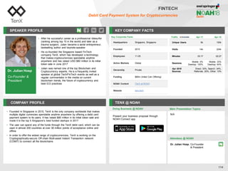 Dr. Julian Hosp
Co-Founder &
President
SPEAKER PROFILE
• After his successful career as a professional kitesurfer
(ranking among top 10 in the world) and later as a
trauma surgeon, Julian became a serial entrepreneur,
bestselling author and keynote-speaker
• He co-founded the Singapore based FinTech
company TenX, which has developed a technology
that makes cryptocurrencies spendable anytime
anywhere and has raised USD $80 million in its initial
token sale in June 2017
• Julian was named one of the top Blockchain and
Cryptocurrency experts. He is a frequently invited
speaker at global Tech/FinTech events as well as a
regular commentator in the media on current
blockchain trends, the future of cryptocurrency and
best ICO practices
KEY COMPANY FACTS
114
FINTECH
Debit Card Payment System for Cryptocurrencies
COMPANY PROFILE TENX @ NOAH
• Founded in Singapore in 2015, TenX is the only company worldwide that makes
multiple digital currencies spendable anytime anywhere by offering a debit card
payment system to its users. It has raised $80 million in its initial token sale and
made it to the top 5 Singapore’s best funded startups in 2017
• The user can spend any of the funds through the TenX debit card, which can be
used in almost 200 countries at over 36 million points of acceptance online and
offline
• In order to offer the widest range of cryptocurrencies, TenX is working on the
Cryptographically-secure Off-chain Multi-asset Instant Transaction network
(COMIT) to connect all the blockchains
Doing Business @ NOAH
Key Corporate Facts
Headquarters Singapore, Singapore
Founded 2015
Employees 11-25
Active Markets Global
Ownership Private
Funding $80m (Initial Coin Offering)
NOAH Content TenX at NOAH
Website tenx.tech
Traffic Apr-17 Apr-18
Unique Users 6k 100k
Visits 14k 224k
Minutes 03:17 02:27
Sessions
Mobile: 0%
Desktop: 100%
Mobile: 33%
Desktop: 64%
Apr 2018
Sources
Direct: 33%, Search: 34%,
Referrals: 20%, Other: 13%
Present your business proposal through
NOAH Connect app
Main Presentation Topics
Attendees @ NOAH
Dr. Julian Hosp, Co-Founder
& President
N/A
 
