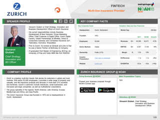 Giovanni
Giuliani
Chief Strategy,
Innovation and
BD Officer
SPEAKER PROFILE
• Giovanni Giuliani is Chief Strategy, Innovation and
Business Development Officer at Zurich Insurance
• His current responsibilities include Business
Development & New Ventures, Group Marketing
Office, Chief Customer & Digital Office, Zurich Digital
Factory, Global Partnerships & Affinities, Direct to
Consumers business and Connected Insurance (IoT,
Telematics, Domotics, Wearables)
• Prior to Zurich, he worked at Generali and prior to that
he was a Senior Partner at McKinsey & Company
• Hi graduated from Master of Engineering (M.Eng.) at
University of Pisa and holds MBA title from INSEAD
KEY COMPANY FACTS
129
FINTECH
Multi-line Insurance Provider
COMPANY PROFILE ZURICH INSURANCE GROUP @ NOAH
• Zurich is a leading multi-line insurer that serves its customers in global and local
markets. With about 53,000 employees, it provides a wide range of property and
casualty, and life insurance products and services in more than 210 countries
and territories. Zurich’s customers include individuals, small businesses, and
mid-sized and large companies, as well as multinational corporations
• The group operates in five regions: North America, Latin America, Europe,
Middle-East and Africa, and Asia-Pacific.
• The Zurich Insurance Group was founded in 1872 and is headquartered in
Zurich, Switzerland
Doing Business @ NOAH
Valuation Data and Key Financials
Market Cap €39.9bn
2017 2018E Growth
Revenues €m 40,359 40,471 0.3%
EBITDA €m 4,407 5,105 16%
Margin % 11% 13% -
EV/Revenue 1.1x 1.1x (0%)
EV/EBITDA 10.3x 8.9x (14%)
All financial actual data and estimates provided by CapitaIQ, as of 08/05/2018.
Key Corporate Facts
Headquarters Zurich, Switzerland
Founded 1872
Employees 53,000
Active Markets Global
Ownership Public (VTX)
Investor
Presentation
Click here to download
Website zurich.com
Main Presentation Topics
Attendees @ NOAH
Giovanni Giuliani, Chief Strategy,
Innovation and Business
Development Officer
N/A
Present your business proposal through
NOAH Connect app
 