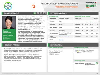 Saskia
Steinacker
Global Head of
Digital
Excellence
SPEAKER PROFILE
• Saskia Steinacker was named Global Head of Digital
Excellence in February 2017. In this capacity, she
leads Bayer’s digital transformation in close
collaboration with the Board of Management. Together
with the divisions and functions she developed the
company’s Digital Agenda with a focus on new
business models to accelerate new growth
• From 2013-2016 she lead the global digital IT function
for Bayer and prior to this the Bayer North America
Marketing & Sales IT unit
• In 2004 she joined Bayer and held a succession of
roles in Marketing, ranging from Multichannel Marketer
to Head of Dialog Marketing for Diabetes Care. In this
capacity she redesigned the customer interaction of
the unit and launched a state-of the art CRM program.
• She graduated from Ecosign Academy with a degree
in Communication Design and holds a Master in
Business Administration from Liverpool University
KEY COMPANY FACTS
23
HEALTHCARE, SCIENCE & EDUCATION
Global Life Sciene Company
COMPANY PROFILE BAYER @ NOAH
• Bayer is a Life Science company with a more than 150-year history and core
competencies in the areas of health care and agriculture. With our innovative
products, we are contributing to finding solutions to some of the major
challenges of our time
• Together, the Life Science businesses make up a strong, attractive and
balanced portfolio that is resistant to fluctuations in demand and to potential
risks. Our operations are managed in three divisions – Pharmaceuticals,
Consumer Health and Crop Science – and the Animal Health business unit,
which are also reporting segments
Doing Business @ NOAH
Valuation Data and Key Financials
Market Cap €87.2bn
2017 2018E Growth
Revenues €m 35,015 35,341 1%
EBITDA €m 8,801 9,443 7%
Margin % 25% 27% -
EV/Revenue 2.5x 2.5x (0%)
EV/EBITDA 9.5x 9.4x (1%)
All financial actual data and estimates provided by CapitaIQ, as of 06/05/2018.
Key Corporate Facts
Headquarters Leverkusen, Germany
Founded 1863
Employees 99,820+
Active Markets Global
Ownership Public (ETR)
Key Shareholders
Temasek, Vanguard Group,
NBIM, BlackRock
Investor
Presentations
Click here to download
Website bayer.com
Main Presentation Topics
Attendees @ NOAH
Saskia Steinacker, Global Head
of Digital Excellence
Service Provider Interest
Business Intelligence
CI & Data Science
Women in Healthcare Panel Discussion
with and Simone Menne
 