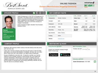 SPEAKER PROFILE
• Daniel Schustermann is the CEO of Schustermann &
Borenstein, the leading exclusive omnichannel retail
fashion community for private members in the DACH
region. BestSecret is the subsidiary of Schustermann
& Borenstein, and is an e-commerce company for
designer merchandise
• Daniel received his higher education from European
Business School
KEY COMPANY FACTS
24
ONLINE FASHION
Europe’s Most Exclusive Shopping Community
COMPANY PROFILE BESTSECRET @ NOAH
• BestSecret offer exclusive insider access to the best brands at the best prices,
each and every day
• Unlike other members’ shopping clubs that only order items in when the flash
sale expires, our products are available immediately. We have over one million
items in stock from over 3,000 brands in our state-of-the-art warehouse
• Access to BestSecret is by-invite only. To become a member, you must be
referred to join by another member or come through one of our limited and
exclusive partnerships. Memberships can be found in anything from your
magazine subscription to your credit card benefits package. However we do
limit the number of members that come through partnership channels and can
close the door at our perceived capacity
Doing Business @ NOAH
Traffic Apr-17 Apr-18
Unique Users 0.4m 0.5m
Visits 1.8m 2.5m
Minutes 13:41 12:23
Sessions
Mobile: 44%
Desktop: 56%
Mobile: 54%
Desktop: 46%
Apr 2018
Sources
Direct: 64%, Search: 16%,
Referrals: 4%, Other: 16%
Key Corporate Facts
Headquarters Dornach, Germany
Founded 2007
Employees 100-1,000
Active Markets Global
Ownership Private – VCs
Key Investors Ardian, Permira
Funding €200m
Website bestsecret.com
Main Presentation Topics
Attendees @ NOAH
Daniel Schustermann, CEO S&B
Fireside chat with
Present your business proposal through
NOAH Connect app
Daniel
Schustermann
CEO,
Schustermann &
Borenstein
 