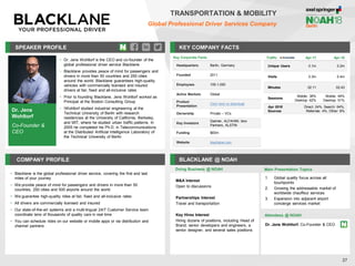 SPEAKER PROFILE
• Dr. Jens Wohltorf is the CEO and co-founder of the
global professional driver service Blacklane
• Blacklane provides peace of mind for passengers and
drivers in more than 50 countries and 250 cities
around the world. Blacklane guarantees high-quality
vehicles with commercially licensed and insured
drivers at fair, fixed and all-inclusive rates
• Prior to founding Blacklane, Jens Wohltorf worked as
Principal at the Boston Consulting Group
• Wohltorf studied industrial engineering at the
Technical University of Berlin with research
residencies at the University of California, Berkeley,
and MIT, where he studied urban traffic patterns. In
2005 he completed his Ph.D. in Telecommunications
at the Distributed Artificial Intelligence Laboratory of
the Technical University of Berlin
KEY COMPANY FACTS
27
TRANSPORTATION & MOBILITY
Global Professional Driver Services Company
COMPANY PROFILE BLACKLANE @ NOAH
• Blacklane is the global professional driver service, covering the first and last
miles of your journey
• We provide peace of mind for passengers and drivers in more than 50
countries, 250 cities and 500 airports around the world
• We guarantee high-quality rides at fair, fixed and all-inclusive rates
• All drivers are commercially licensed and insured
• Our state-of-the-art systems and a multi-lingual 24/7 Customer Service team
coordinate tens of thousands of quality cars in real time
• You can schedule rides on our website or mobile apps or via distribution and
channel partners
Doing Business @ NOAH
Traffic Apr-17 Apr-18
Unique Users 0.1m 0.2m
Visits 0.3m 0.4m
Minutes 02:11 02:43
Sessions
Mobile: 38%
Desktop: 62%
Mobile: 49%
Desktop: 51%
Apr 2018
Sources
Direct: 24%, Search: 64%,
Referrals: 4%, Other: 8%
Key Corporate Facts
Headquarters Berlin, Germany
Founded 2011
Employees 100-1,000
Active Markets Global
Product
Presentation
Click here to download
Ownership Private – VCs
Key Investors
Daimler, ALFAHIM, btov
Partners, ALSTIN
Funding $83m
Website blacklane.com
Main Presentation Topics
Attendees @ NOAH
Dr. Jens Wohltorf, Co-Founder & CEO
1. Global quality focus across all
touchpoints
2. Growing the addressable market of
worldwide chauffeur services
3. Expansion into adjacent airport
concierge services market
Dr. Jens
Wohltorf
Co-Founder &
CEO
M&A Interest
Open to discussions
Partnerships Interest
Travel and transportation
Key Hires Interest
Hiring dozens of positions, including Head of
Brand, senior developers and engineers, a
senior designer, and several sales positions
 