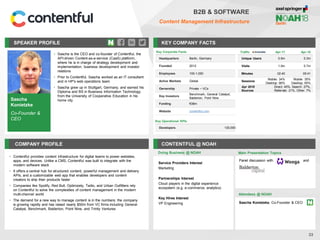 Sascha
Konietzke
Co-Founder &
CEO
SPEAKER PROFILE
• Sascha is the CEO and co-founder of Contentful, the
API-driven Content-as-a-service (CaaS) platform,
where he is in charge of strategy development and
implementation, business development and investor
relations
• Prior to Contentful, Sascha worked as an IT consultant
and in HP's web operations team
• Sascha grew up in Stuttgart, Germany, and earned his
Diploma and BS in Business Information Technology
from the University of Cooperative Education in his
home city
KEY COMPANY FACTS
33
B2B & SOFTWARE
Content Management Infrastructure
COMPANY PROFILE CONTENTFUL @ NOAH
• Contentful provides content infrastructure for digital teams to power websites,
apps, and devices. Unlike a CMS, Contentful was built to integrate with the
modern software stack
• It offers a central hub for structured content, powerful management and delivery
APIs, and a customizable web app that enables developers and content
creators to ship their products faster
• Companies like Spotify, Red Bull, Optimizely, Twilio, and Urban Outfitters rely
on Contentful to solve the complexities of content management in the modern
multi-channel world
• The demand for a new way to manage content is in the numbers: the company
is growing rapidly and has raised nearly $50m from VC firms including General
Catalyst, Benchmark, Balderton, Point Nine, and Trinity Ventures
Doing Business @ NOAH
Traffic Apr-17 Apr-18
Unique Users 0.5m 0.3m
Visits 1.0m 0.7m
Minutes 02:40 05:41
Sessions
Mobile: 34%
Desktop: 66%
Mobile: 35%
Desktop: 65%
Apr 2018
Sources
Direct: 45%, Search: 27%,
Referrals: 21%, Other: 7%
Key Corporate Facts
Headquarters Berlin, Germany
Founded 2012
Employees 100-1,000
Active Markets Global
Ownership Private – VCs
Key Investors
Benchmark, General Catalyst,
Balderton, Point Nine
Funding €38m
Website contentful.com
Main Presentation Topics
Attendees @ NOAH
Sascha Konietzke, Co-Founder & CEO
Panel discussion with and
Key Operational KPIs
Developers 130,000
Service Providers Interest
Marketing
Partnerships Interest
Cloud players in the digital experience
ecosystem (e.g. e-commerce, analytics)
Key Hires Interest
VP Engineering
 