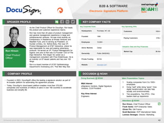 Ron Hirson
Chief Product
Officer
SPEAKER PROFILE
• As the Chief Product Officer for DocuSign, Ron leads
the product and customer experience teams.
• Ron has more than 20 years of product management
and general management experience in large and
entrepreneurial ventures. He was most recently an
Entrepreneur in Residence at Khosla Ventures and
Mayfield Fund, prior to serving as President, co-
founder at Boku, Inc. Before Boku, Ron was VP,
Product Management at AT&T Interactive, where he
was responsible for new and existing advertising
products. He served as VP, Product Management for
Ingenio and prior to that was Co-Founder CEO of The
Digs Interactive. Ron began his career as a
management consultant with Price Waterhouse. He is
an inventor on 67 issued patents and has over 100
filings.
• Ron is a board member of UCSF Ophthalmology
Department’s fundraising arm, That Man May See
KEY COMPANY FACTS
42
B2B & SOFTWARE
Electronic Signature Platform
COMPANY PROFILE DOCUSIGN @ NOAH
• Founded in 2003, DocuSign® offers the leading e-signature solution as part of
its broader platform for automating the agreement process
• Today, DocuSign's cloud-based platform enables more than 370,000
companies and hundreds of millions of users in over 180 countries to accelerate
business and simplify life
Doing Business @ NOAH
Key Operating KPIs
Customers 100m+
Paying Customers 370k+
All financial actual data and estimates provided by CapitaIQ, as of 06/05/2018.
Key Corporate Facts
Headquarters Purchase, NY, US
Founded 1966
Employees 10,000+
Active Markets Global
Ownership Public (NASDAQ)
Private Funding $515m
Website docusign.com
Valuation Data and Key Financials
Market Cap $6.4bn
Main Presentation Topics
Attendees @ NOAH
Ron Hirson, Chief Product Officer
Frank Harter, AVP Enterprise Sales
Olivier Pin, GM France
Scott Barmmer, SVP International Sales
Lorenzo Stranges, Director, Marketing
1. Scaling companies from 0 to 1000+
employees
2. Doing "well" while doing "good." How
digital transformation can also help
socially and environmentally
3. Two acquisitions, Two IPO's - One
leaders start-up experience
M&A Interest
eSignature Vendors, Digital Signature
Vendors, CLM Providers
Key Hires Interest
Engineers
 