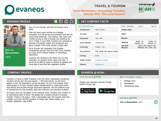 Eric La
Bonnardière
CEO
SPEAKER PROFILE
• Eric is is a co-founder and CEO of Evaneos as of
2009
• After two years spent working as a strategy
consultant, Eric left his job as a consultant and with his
newly found associate, Yvan Wibaux, they spent nine
months coming up with a concept and breathing life
into it. Finally in June 2009, Evaneos.com emerged to
become a European Leader and recognized as a
game changer of the travel industry 8 years later
• He is 36 years old, graduated from Supélec
(Engineering School), then from HEC Paris, followed
by a year at KTH (Royal Institute of Technology,
Stockholm)
• Husband and recently-turned father Eric is a true
Epicurean, an amateur tennis player and skier. It
would be his lifelong dream to venture to Uganda and
come face to face with their legendary gorillas
KEY COMPANY FACTS
49
TRAVEL & TOURISM
Travel Marketplace Connecting Travellers
Directly With ‘The Local Experts’
COMPANY PROFILE EVANEOS @ NOAH
• Founded in France in 2009, Evaneos is the first online marketplace connecting
travellers directly with ‘the local experts,’ 1.000 hand-picked, on-site travel
agents in over 160 destinations across the globe. As one of the leading online
travel players in Europe, Evaneos allows holidaymakers to create tailor-made
trips directly and securely through local travel agencies, and this platform is set
to revolutionise the way travellers book their discovery and adventure holidays
• At 8 years since the conception of the Evaneos brand, Evaneos now consists of
an international team of about 150 people and is present across 8 European
markets. Thanks to its unique, 100% customisable trips, the Evaneos team has
enabled more than 200,000 travellers to realise their dream holiday, at a
traveller satisfaction rate of 96%
Doing Business @ NOAH
Traffic Apr-17 Apr-18
Unique Users
Visits
Minutes
Sessions
Mobile: x%
Desktop: x%
Mobile: x%
Desktop: x%
Apr 2018
Sources
Direct: xx%, Search: xx%,
Referrals: xx%, Other: xx%
Main Presentation Topics
Attendees @ NOAH
Eric La Bonnardière, CEO
1. Multiday tours
2. Marketplace
3. International scale
Present your business proposal through
NOAH Connect app
Key Corporate Facts
Headquarters Paris, France
Founded 2009
Employees 100-1,000
Active Markets International
Ownership Private - VCs
Key Investors ISAI, Xange, BPI, Serena Capital
Funding €23m
NOAH Content Evaneos at NOAH
Website evaneos.net
 