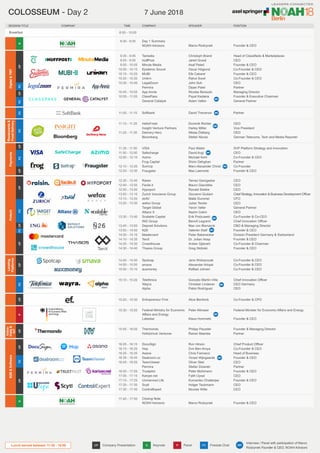 Digital
&
TMT
Fintech
Lending
Platforms
Indus-
trials
&
IoT
Payments
B2B
&
Software
CP
CP
CP
FC
FC
K
FC
FC
FC
CP
CP
CP
CP
CP
CP
CP
CP
CP
P
FC
FC
FC
K
Restaurants
&
Food
Delivery
FC
Lunch served between 11:30 - 15:00
Tamaz Georgadze
Mauro Giacobbe
Ronald Slabke
Giovanni Giuliani
Malte Dummel
Julian Teicke
Yaron Valler
Nazim Cetim
Erik Podzuweit
Benoît Legrand
Max von Bismarck
Valentin Stalf
Peter Bakenecker
Dr. Julian Hosp
Ardian Gjeloshi
Greg Skibiski
Jens Woloszczak
Alexander Artopé
Raffael Johnen
Philipp Pausder
Rainer Maerkle
Paul Walsh
David Avgi
Michael Kent
Shirin Dehghan
Marc-Alexander Christ
Max Laemmle
Ron Hirson
Dvir Ben-Aroya
Chris Farinacci
Yoram Wijngaarde
Oliver Steil
Stefan Dziarski
Peter Mühlmann
Fatih Uysal
Kumardev Chatterjee
Holger Taubmann
Nicolas Witte
CEO
CEO
CEO
Chief Strategy, Innovation & Business Development Officer
CFO
CEO
General Partner
CEO
Co-Founder & Co-CEO
Chief Innovation Officer
CBO & Managing Director
Founder & CEO
Division President Germany & Switzerland
Founder & CEO
Co-Founder & Chairman
Founder & CEO
Co-Founder & CEO
Co-Founder & CEO
Co-Founder & CEO
Founder & Managing Director
Partner
SVP Platform Strategy and Innovation
CEO
Co-Founder & CEO
Partner
Co-Founder
Founder & CEO
Chief Product Officer
Co-Founder & CEO
Head of Business
Founder & CEO
CEO
Partner
Founder & CEO
CEO
Founder & CEO
CEO
CEO
Christoph Brand
Jared Grusd
Asaf Peled
Oscar Höglund
Efe Cakarel
Rahul Sood
John Suh
Dipan Patel
Nicolas Beraudo
Payal Kadakia
Adam Valkin
David Thevenon
Head of Classifieds & Marketplaces
CEO
Founder & CEO
Co-Founder & CEO
Founder & CEO
Co-Founder & CEO
CEO
Partner
Managing Director
Founder & Executive Chairman
General Partner
9:35 - 9:45
9:45 - 9:55
9:55 - 10:05
10:05 - 10:15
10:15 - 10:25
10:25 - 10:35
10:35 - 10:45
10:45 - 10:55
10:55 - 11:05
11:05 - 11:15
12:30 - 12:40
12:40 - 12:50
12:50 - 13:00
13:00 - 13:10
13:10 - 13:20
13:20 - 13:30
13:30 - 13:40
13:40 - 13:50
13:50 - 14:00
14:00 - 14:10
14:10 - 14:20
14:20 - 14:30
14:30 - 14:40
14:40 - 14:50
14:50 - 15:00
15:00 - 15:10
15:55 - 16:05
11:35 - 11:50
11:50 - 12:00
12:00 - 12:10
12:10 - 12:20
12:20 - 12:30
16.05 - 16:15
16:15 - 16:25
16:25 - 16:35
16:35 - 16:45
16:45 - 16:55
16:55 - 17:05
17:05 - 17:15
17:15 - 17:25
17:25 - 17:35
17:35 - 17:45
Marco Rodzynek
Breakfast
Founder & CEO
9:30 - 9:35
8:00 - 10:00
Partner
POSITION
COMPANY
SESSION TITLE TIME SPEAKER
K P
CP FC
Keynote Panel
Company Presentation Fireside Chat
Raisin
Facile.it
Hypoport
Zurich Insurance Group
xbAV
wefox Group
Target Global
Allianz X
Scalable Capital
ING Group
Deposit Solutions
N26
Mastercard
TenX
Crowdhouse
Thasos Group
Spotcap
smava
auxmoney
Thermondo
Holtzbrinck Ventures
VISA
Safecharge
Azimo
Frog Capital
SumUp
Fraugster
DocuSign
Hop
Asana
Dealroom.co
TeamViewer
Permira
Trustpilot
Kariyer.net
Unmanned Life
Scytl
Control€xpert
Tamedia
HuffPost
Minute Media
Epidemic Sound
MUBI
Unikrn
LegalZoom
Permira
App Annie
ClassPass
General Catalyst
Day 1 Summary
NOAH Advisors
Softbank
COMPANY
MR
MR
MR
MR
MR
MR
MR
MR
MR
MR
Entrepreneur First
Federal Ministry for Economic
Affairs and Energy
Lakestar
Telefónica
Wayra
Alpha
Closing Note
NOAH Advisors
15:20 - 15:30
15:30 - 15:55
15:10 - 15:20
17:45 - 17:50
Alice Bentinck
Peter Altmaier
Klaus Hommels
Gonzalo Martín-Villa
Christian Lindener
Pablo Rodríguez
Marco Rodzynek
Co-Founder & CPO
Federal Minister for Economic Affairs and Energy
Founder & CEO
Chief Innovation Officer
CEO Germany
CEO
Founder & CEO
Interview / Panel with participation of Marco
Rodzynek Founder & CEO, NOAH Advisors
Dominik Richter
Harley Miller
Niklas Östberg
Stefan Nicola
CEO
Vice President
CEO
German Telecoms, Tech and Media Reporter
11:15 - 11:25
		
11:25 - 11:35
HelloFresh
Insight Venture Partners
Delivery Hero
Bloomberg
MR
COLOSSEUM - Day 2 7 June 2018
®
®
 