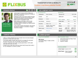 Jochen Engert
Founder & CEO
SPEAKER PROFILE
• Jochen Engert is Founder & CEO of FlixBus and
responsible for Corporate Development & Strategy as
well as Human Resources
• Organizing ski trips by bus during university had been
his very first and only link to the bus industry until he
started his own business by becoming Europe's
largest provider of long-distance buses
• Before starting up with FlixBus in 2012, he was
working as Strategy Consultant for The Boston
Consulting Group for companies from different sectors
all over the world
• Jochen studied Business Administration with technical
and financial orientation at Universities in Stuttgart,
Hohenheim & Ottawa
KEY COMPANY FACTS
52
COMPANY PROFILE FLIXBUS @ NOAH
• Lalafo is a mobile marketplace that uses computer vision and natural language
processing to simplify peer-to-peer trade
• The company applies computer vision and NLP to re-imagine the way people
sell second hand items, cars, find real estate, jobs and services
• Launched in September 2015 Lalafo is growing exponentially, in 2016 Lalafo
users listed items worth over $10bn
• Currently most of Lalafo users come from Central Asia & Europe where Lalafo is
#1 C2C marketplace in a number of markets
Doing Business @ NOAH Main Presentation Topics
Attendees @ NOAH
Jochen Engert, Founder & CEO
Bettina Engert, Head of Corporate
Communications
1. Global Mobility Market and Major Trends
2. Flix Business Model
3. Expansion Strategy
Key Corporate Facts
Headquarters Munich, Germany
Founded 2012
Employees 10-100
Active Markets International
Ownership Private – VCs
Key Investors
Silverlake, General Atlantic,
Holtzbrinck, Daimler
NOAH Content FlixBus at NOAH
Website flixbus.com
Traffic Apr-17 Apr-18
Unique Users 1.6m 2.0m
Visits 3.7m 4.0m
Minutes 04:43 04:50
Sessions
Mobile: 62%
Desktop: 38%
Mobile: 48%
Desktop: 52%
Apr 2018
Sources
Direct: 34%, Search: 46%,
Referrals: 12%, Other: 8%
M&A Interest
Active M&A strategy in multiple countries
and verticals
TRANSPORTATION & MOBILITY
European Long Distance Mobility Provider
Key Financials
Revenues 2017 €100-1,000m
EBITDA 2017 Profitable
 
