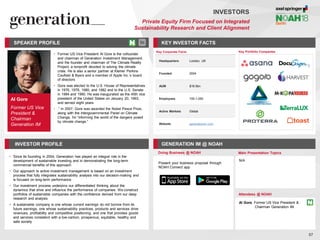 Al Gore
Former US Vice
President &
Chairman
Generation IM
SPEAKER PROFILE
• Former US Vice President Al Gore is the cofounder
and chairman of Generation Investment Management,
and the founder and chairman of The Climate Reality
Project, a nonprofit devoted to solving the climate
crisis. He is also a senior partner at Kleiner Perkins
Caufield & Byers and a member of Apple Inc.’s board
of directors
• Gore was elected to the U.S. House of Representatives
in 1976, 1978, 1980, and 1982 and to the U.S. Senate
in 1984 and 1990. He was inaugurated as the 45th vice
president of the United States on January 20, 1993,
and served eight years
• .” In 2007, Gore was awarded the Nobel Peace Prize,
along with the Intergovernmental Panel on Climate
Change, for “informing the world of the dangers posed
by climate change.”
KEY INVESTOR FACTS
57
INVESTORS
Private Equity Firm Focused on Integrated
Sustainability Research and Client Alignment
INVESTOR PROFILE GENERATION IM @ NOAH
• Since its founding in 2004, Generation has played an integral role in the
development of sustainable investing and in demonstrating the long-term
commercial benefits of this approach
• Our approach to active investment management is based on an investment
process that fully integrates sustainability analysis into our decision-making and
is focused on long-term performance
• Our investment process underpins our differentiated thinking about the
dynamics that drive and influence the performance of companies. We construct
portfolios of sustainable companies with the confidence derived from our deep
research and analysis
• A sustainable company is one whose current earnings do not borrow from its
future earnings, one whose sustainability practices, products and services drive
revenues, profitability and competitive positioning, and one that provides goods
and services consistent with a low-carbon, prosperous, equitable, healthy and
safe society
Doing Business @ NOAH Main Presentation Topics
Attendees @ NOAH
N/A
Key Portfolio Companies
Present your business proposal through
NOAH Connect app
Al Gore, Former US Vice President &
Chairman Generation IM
Key Corporate Facts
Headquarters London, UK
Founded 2004
AUM $18.5bn
Employees 100-1,000
Active Markets Global
Website generationim.com
 