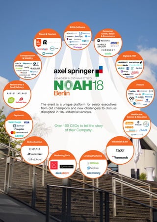 The event is a unique platform for senior executives
from old champions and new challengers to discuss
disruption in 10+ industrial verticals.
Over 100 CEOs to tell the story
of their Company!
Marketing Tech
Payments
Restaurants &
Food Delivery
Lending Platforms
B2B & Software
Consumer
Goods, Retail
& Ecommerce
Digital & TMT
Fintech
Healthcare,
Science & Education
Industrials & IoT
Transportation
& Mobility
Travel & Tourism
Online Fashion
 