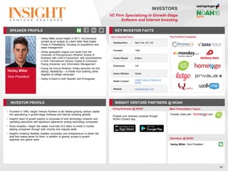 Harley Miller
Vice President
SPEAKER PROFILE
• Harley Miller joined Insight in 2011. He previously
worked as an analyst at Lubert Adler Real Estate
Funds in Philadelphia, focusing on acquisitions and
asset management
• Harley graduated magna cum laude from the
University of Pennsylvania’s Wharton School of
Business with a BS in Economics, with concentrations
in both ‘International Venture Capital & Consumer-
Facing Industries’ and ‘Information Management’
• During his time at Wharton, Harley launched his first
startup, MobileEatz – a mobile food ordering portal
targeted at college campuses
• Harley is fluent in both Spanish and Portuguese
KEY INVESTOR FACTS
67
INVESTORS
VC Firm Specializing in Growth-Stage
Software and Internet Investing
INVESTOR PROFILE INSIGHT VENTURE PARTNERS @ NOAH
• Founded in 1995, Insight Venture Partners is the fastest-growing venture capital
firm specializing in growth-stage Software and Internet investing globally
• Insight's team of growth experts is composed of both technology investors and
operating executives with significant experience scaling technology companies
• Since inception, Insight has raised more than $13 billion to invest in market
leading companies through both minority and majority deals
• Insight's investing flexibility enables companies and entrepreneurs to obtain the
deal that makes sense for them, in addition to gaining access to growth
expertise and global reach
Doing Business @ NOAH Main Presentation Topics
Attendees @ NOAH
Harley Miller, Vice President
Fireside chats with and
Key Portfolio Companies
Key Corporate Facts
Headquarters New York, NY, US
Founded 1995
Funds Raised $18bn+
Employees 130
Active Markets Global
NOAH Content
Insight Venture Partners at
NOAH
Website insightpartners.com
Present your business proposal through
NOAH Connect app
 