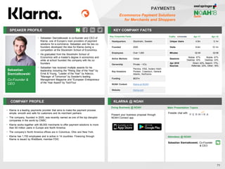 SPEAKER PROFILE
• Sebastian Siemiatkowski is co-founder and CEO of
Klarna, one of Europe’s main providers of payment
solutions for e-commerce. Sebastian and his two co-
founders developed the idea for Klarna during a
competition at the Stockholm School of Economics
• He graduated from the Stockholm School of
Economics with a master's degree in economics and
while at school founded the company with his co-
founders
• Sebastian has received multiple awards for his
leadership including the "Rising Star of the Year" by
Ernst & Young, "Leader of the Year" by Adecco,
"Manager of Tomorrow" by Sweden's leading
Management Magazine and "European Entrepreneur
of the Year Award" by TechTour
KEY COMPANY FACTS
71
PAYMENTS
Ecommerce Payment Solutions
for Merchants and Shoppers
COMPANY PROFILE KLARNA @ NOAH
• Klarna is a leading payments provider that aims to make the payment process
simple, smooth and safe for customers and its merchant partners
• The company, founded in 2005, was recently named as one of the top disruptor
companies in the world by CNBC
• Klarna works together with 89,000 merchants to offer payment solutions to more
than 60 million users in Europe and North America
• The company’s North America offices are in Columbus, Ohio and New York.
• Klarna has 1,700 employees and is active in 14 countries. Financing through
Klarna is issued by WebBank, member FDIC
Doing Business @ NOAH Main Presentation Topics
Attendees @ NOAH
Sebastian Siemiatkowski, Co-Founder
& CEO
Fireside chat with
Present your business proposal through
NOAH Connect app
Sebastian
Siemiatkowski
Co-Founder &
CEO
Traffic Apr-17 Apr-18
Unique Users 4.5m 5.1m
Visits 8.6m 10.1m
Minutes 02:49 02:58
Sessions
Mobile: 67%
Desktop: 33%
Mobile: 67%
Desktop: 33%
Apr 2018
Sources
Direct: 42%, Search: 17%,
Referrals: 23%, Other: 18%
Key Corporate Facts
Headquarters Stockholm, Sweden
Founded 2005
Employees Over 1,000
Active Markets Global
Ownership Private – VCs
Key Investors
Permira, VISA, Anders Holch
Povlsen, Creandum, General
Atlantic, Northzone
Funding $637m
NOAH Content Klarna at NOAH
Website klarna.com
 
